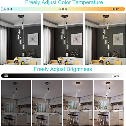 Miniatura 6 de WALUIN Luces colgantes LED para isla de cocina, 5 luces modernas colgantes de cristal regulables, lámparas colgantes negras con candelabros de
