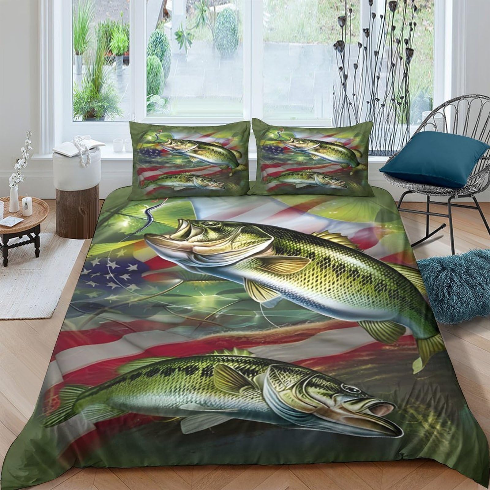 TUFRTGYHN 3D Printed Large Mouth Bass Duvet Cover Microfiber Soft American Flag Bedding Set with 2 Pillowcases for Bedroom Home Decor Single（135x200cm）