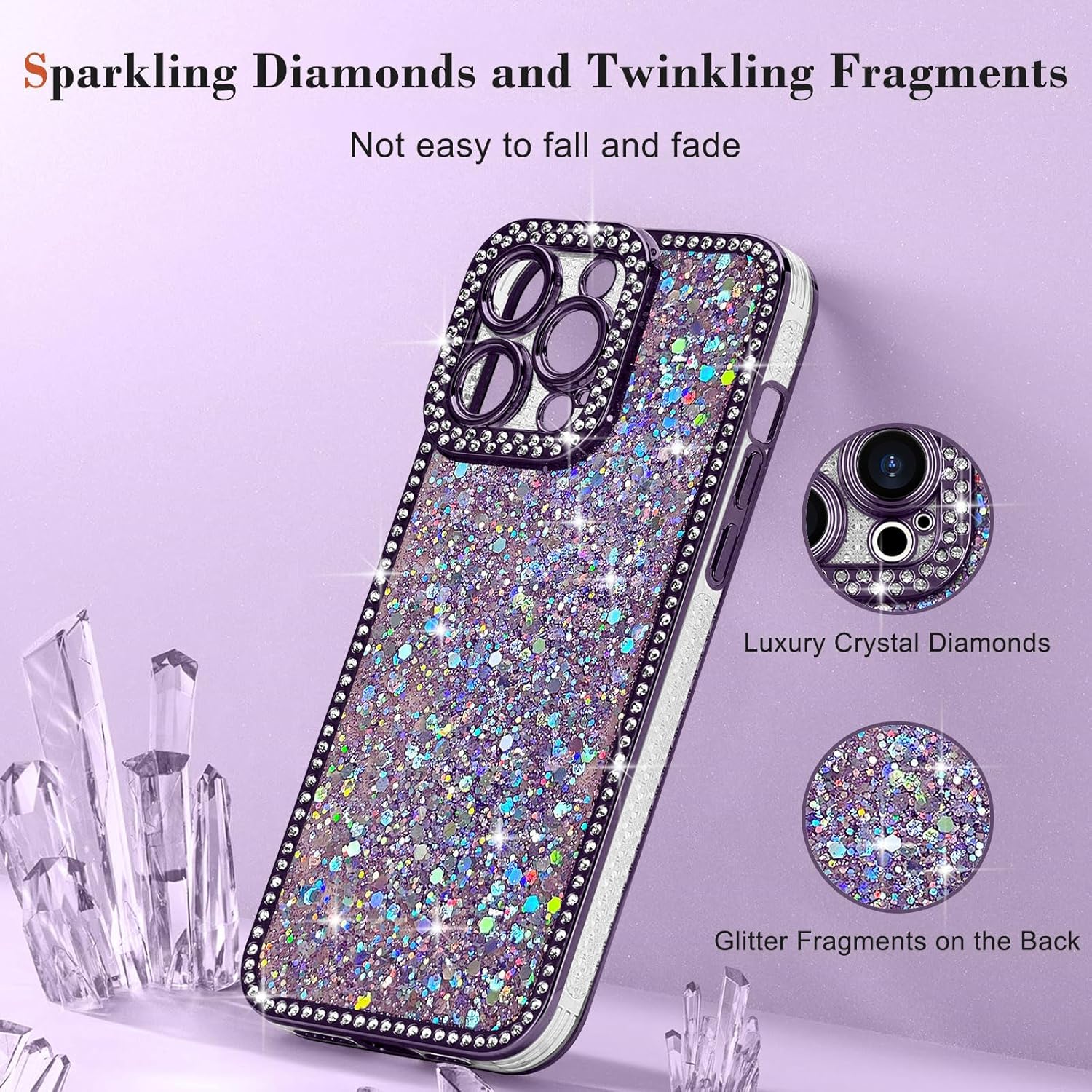 Lafunda for iPhone 14 Pro Max Case Glitter, Luxury Shiny Bling Sparkly Bumper Cover with Crystal Diamonds for Women Girls Soft Slim Shockproof Protective Phone Case for iPhone 14 Pro Max 6.7", Purple - Image 5