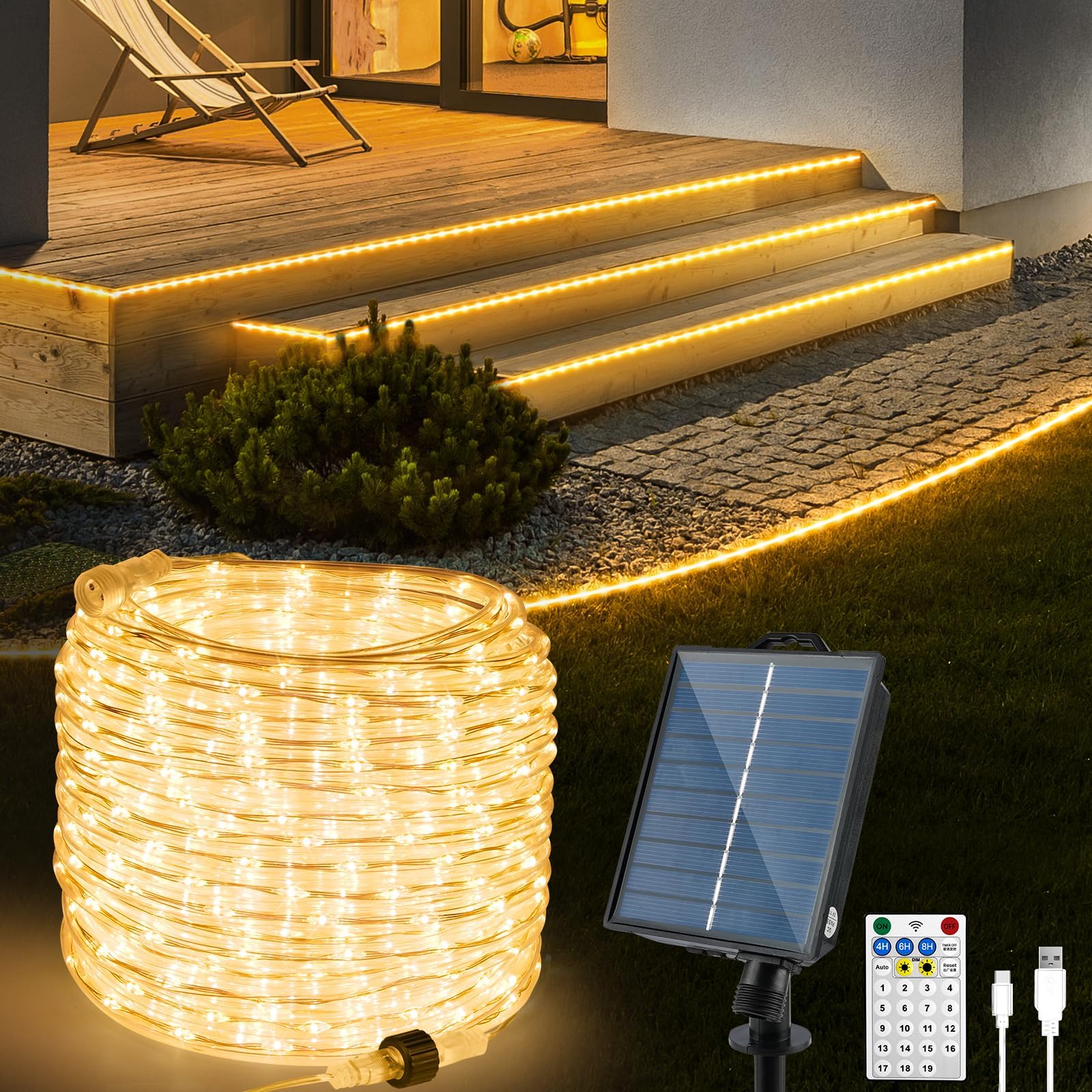 StarryEver Tubo solare a LED per esterni, 20 m, 800 LED, luce bianca calda, per esterni, con funzione di ricarica USB e telecomando, per feste, trampolino, giardino, balcone