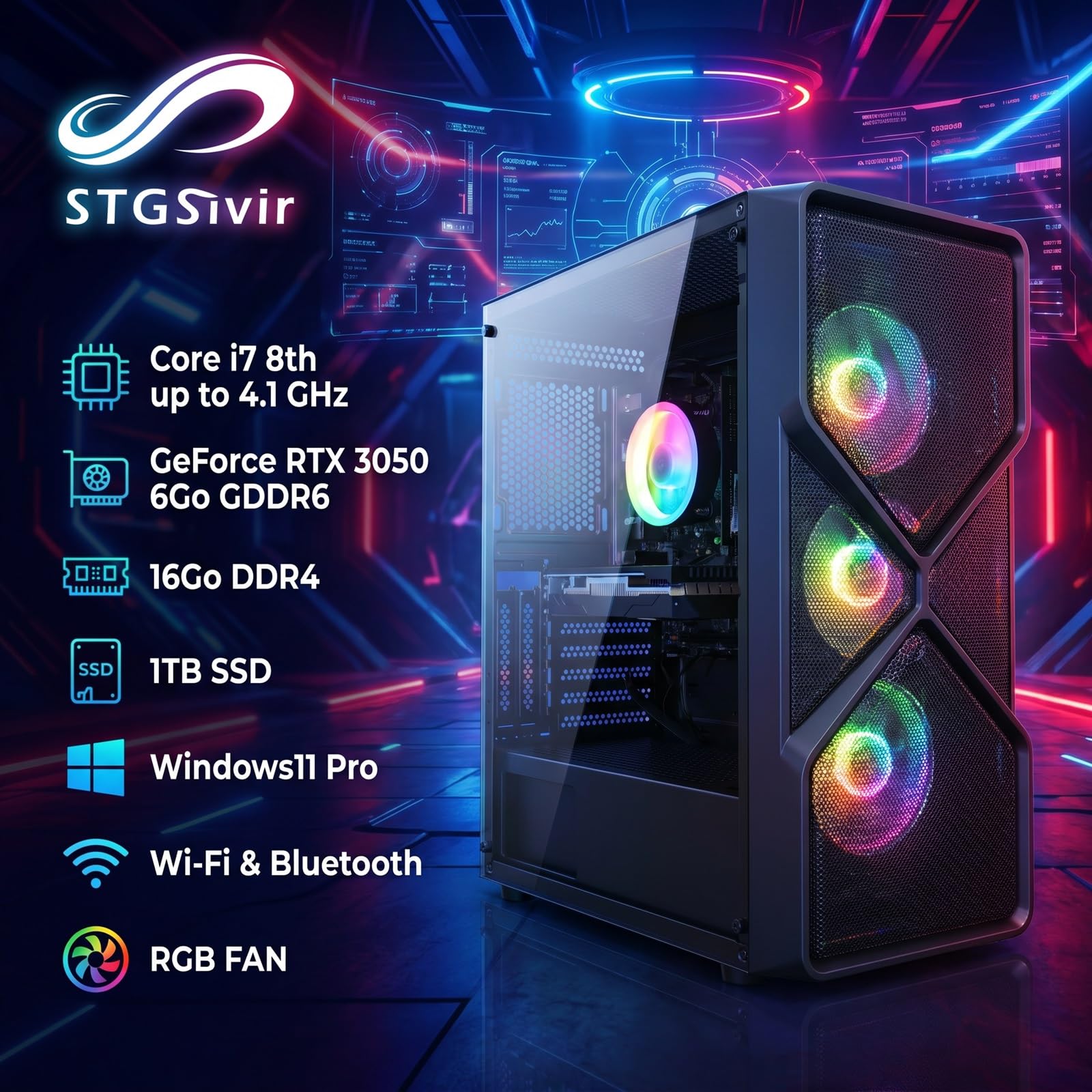 STGSivir PC Gaming Fisso, Core i7 Gen8, RTX 3050 6G, 16G DDR4, 1T SSD | Computer Gaming per Streaming, Editing Video, Compiti, fino a 4.1 GHz, WiFi 6, BT 5.0, 4K,HDMI,DP, Win11 Pro, Case ARGB