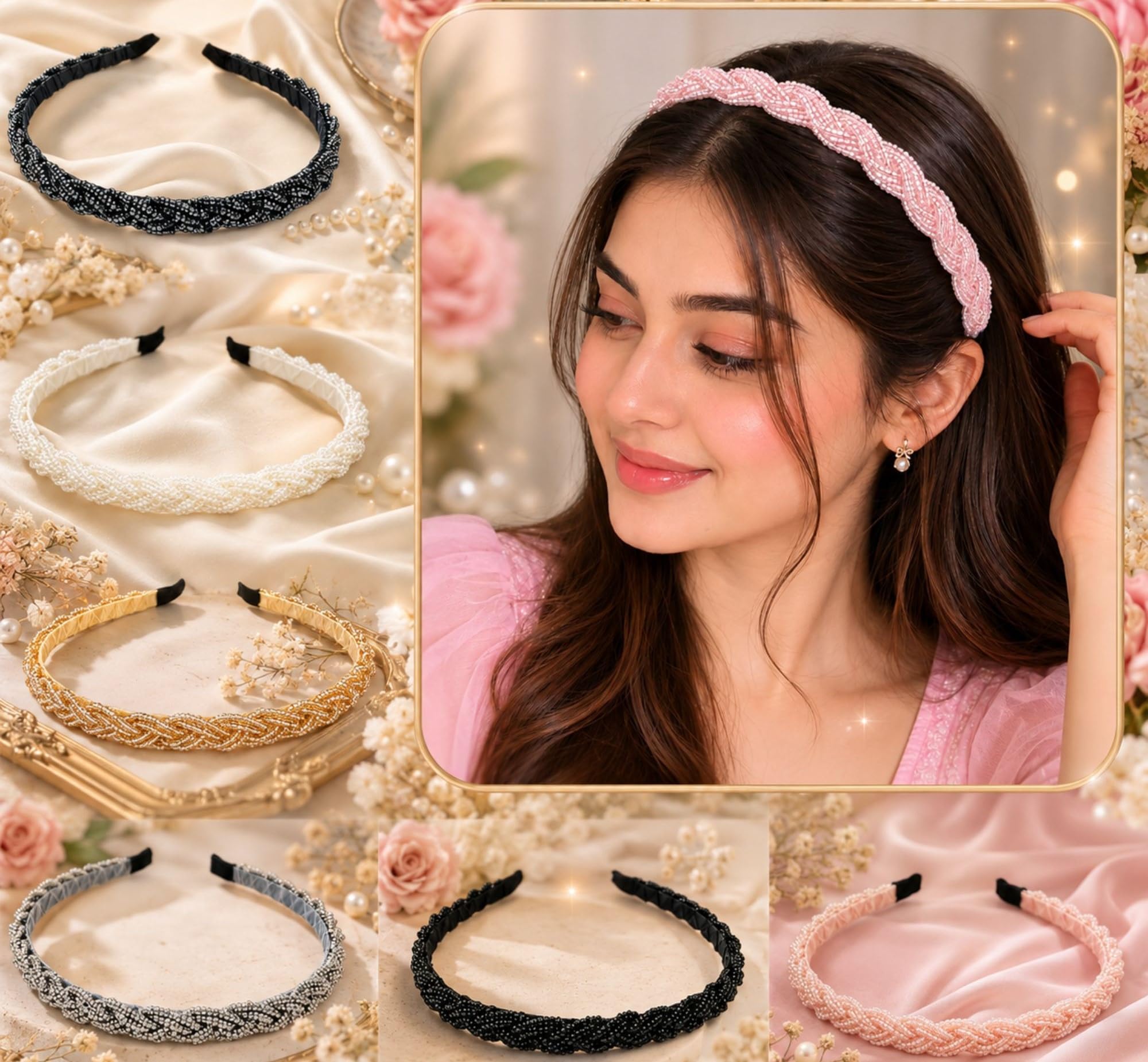 Pack of 6 pcs Beaded Headbands Set, Braided Wave Pattern, 6 Colors - Black, White, Gold, Pink, Silver, Navy Blue-image-5
