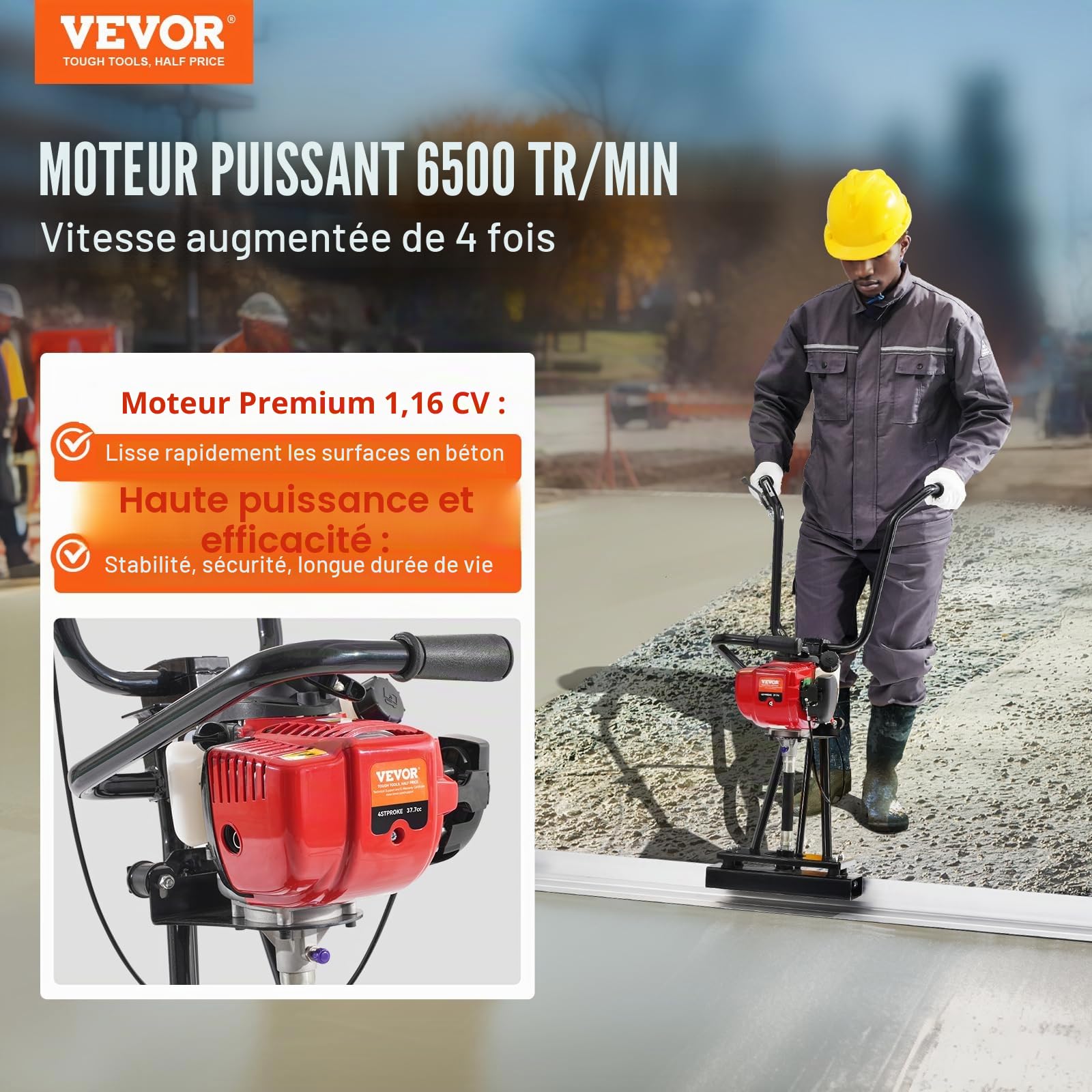 VEVOR Chape électrique pour béton à gaz 3370 mm kit flotteur barre aluminium 6500 tr/min finition ciment 4 temps poignées réglables