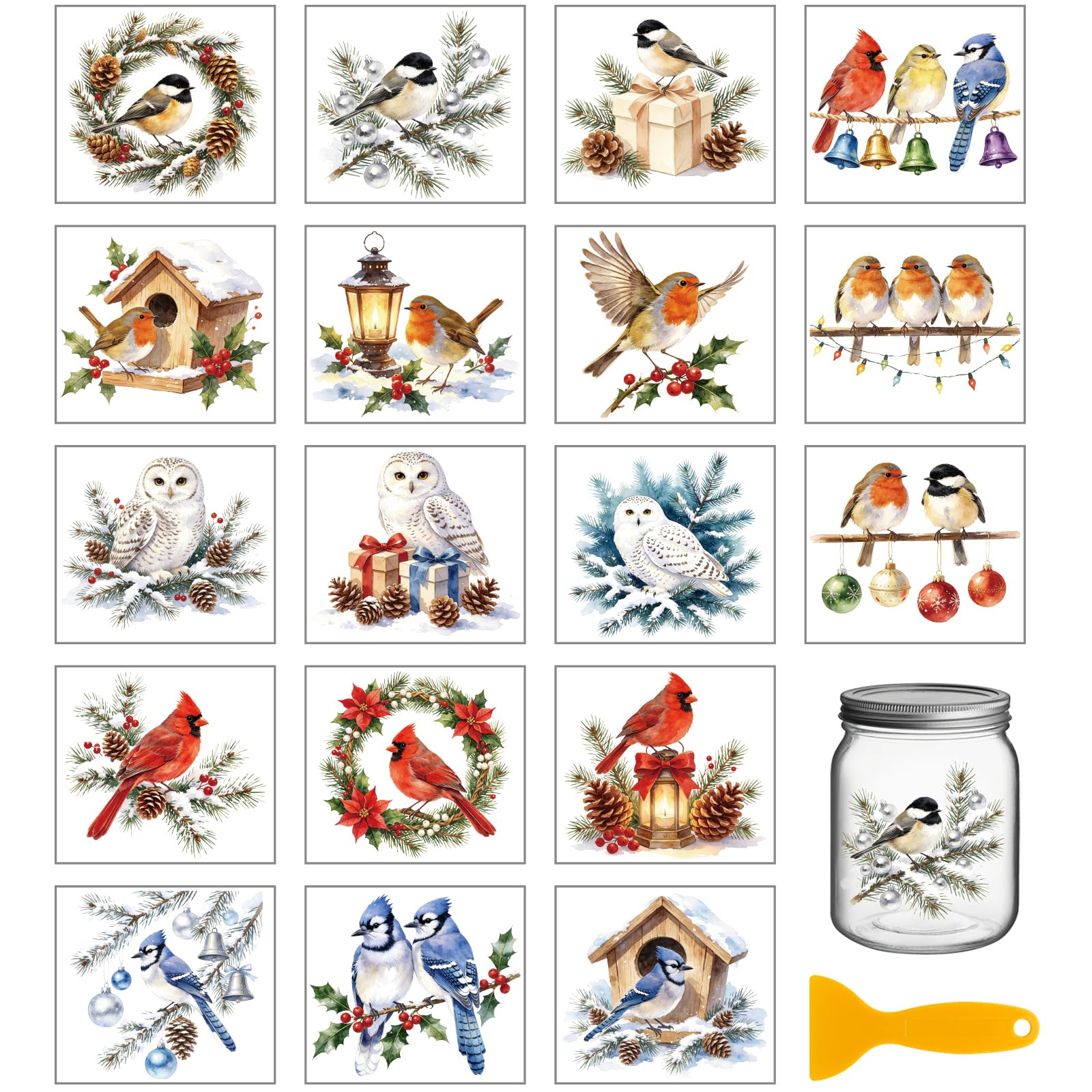 GLOBLELAND 18 Sheets Christmas Cardinal Owl Rub on Transfers Sticker 3.9x3.6 Inch Chickadee Blue Jay Decals Transfer Stickers for DIY Crafts Christmas Bottle Vase Glass Cup Window Decor