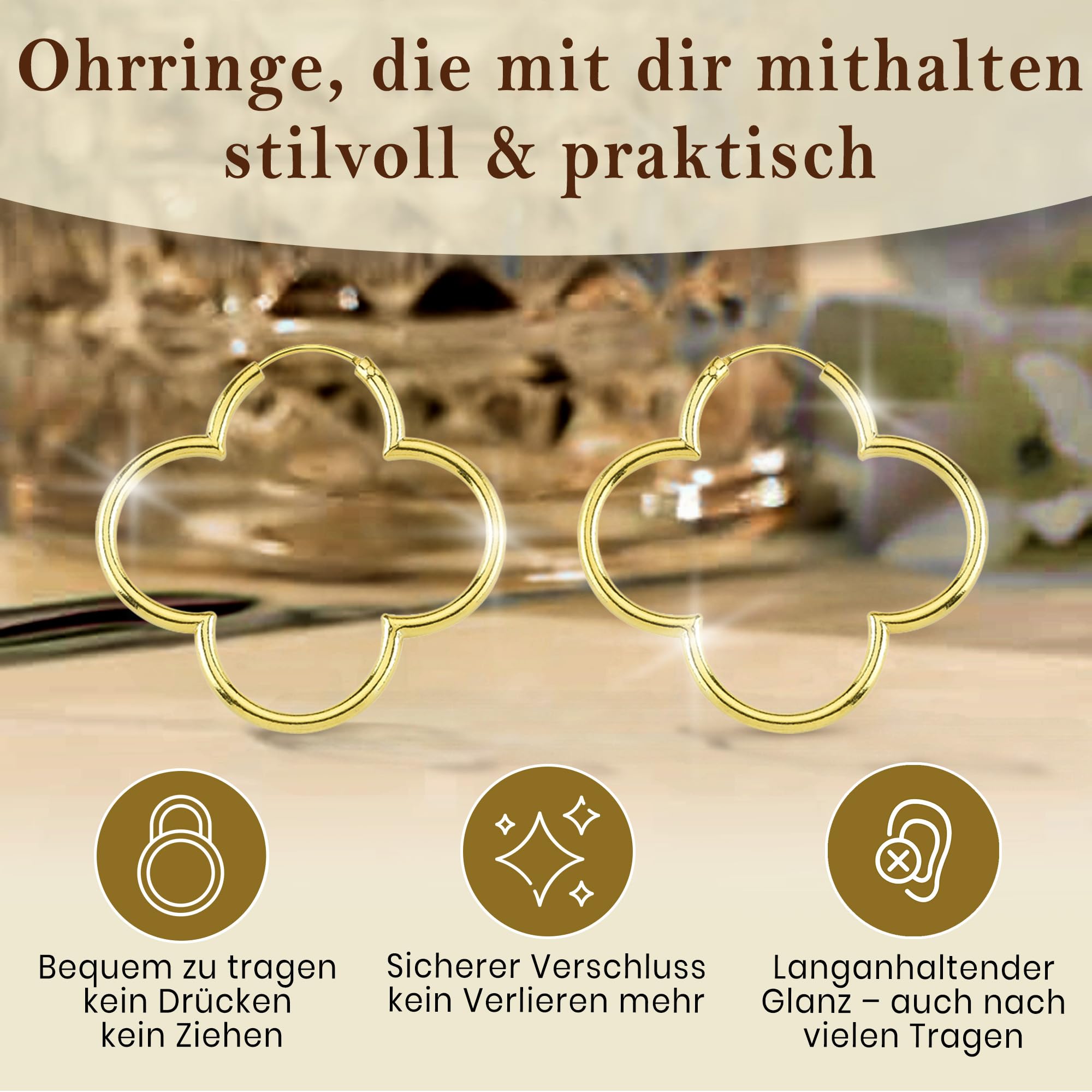 Cassini Damen Kleeblatt-Creolen Silber, 18K vergoldet oder Roségold (⌀ 25-55mm) – Hochglanzpolierte Kleeblatt-Ohrringe, große hypoallergene Creolen mit sicherem Klappverschluss, Schmuck für Frauen