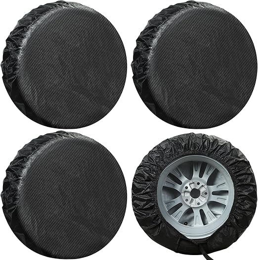 Tire Covers 4 Pack, Tough Tire Wheel Protector for Truck, SUV, Trailer, Camper, RV, Carbon Fiber Spare Tire Cover Sun Rain Snow Protector, Universal Fits Tire Diameters 29-31.75 inches, Black