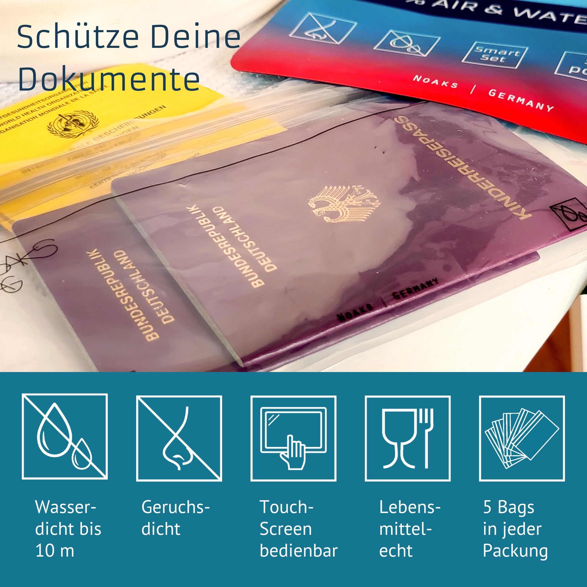 Noaks Torby, 5 sztuk, wodoszczelne worki, IPX8, szczelne i bezzapachowe, organizer podróżny, worek do pakowania, przezroczysty, Smart Set | 1*XS, 2*S, 2*M, worek do pakowania