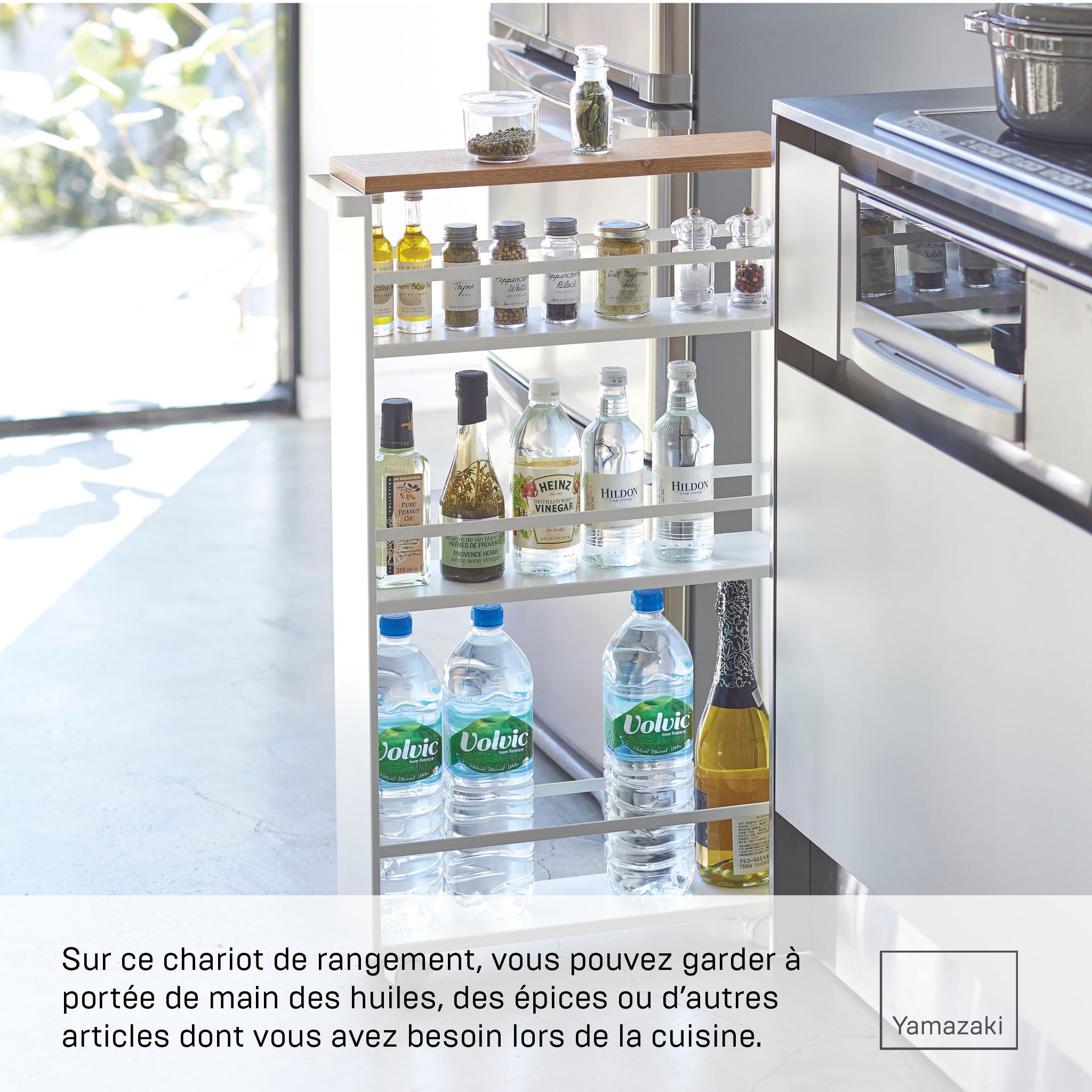 YAMAZAKI 3627 Tower Chariot de Service avec poignée, Blanc, Acier/Bois, Design Minimaliste