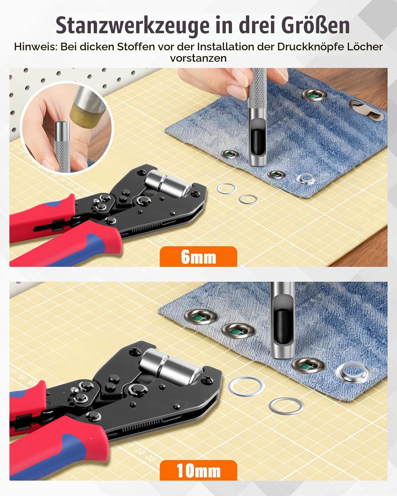 Ösenzange Kit mit Austauschbaren Einsätzen, Lochzange Ösenpresse mit Aufbewahrungsbox und 400 Ösen (Ø6/10 mm je 200 Stk), Hand Ösen Werkzeug für Planen, PVC, Leder, Stoff, Karton