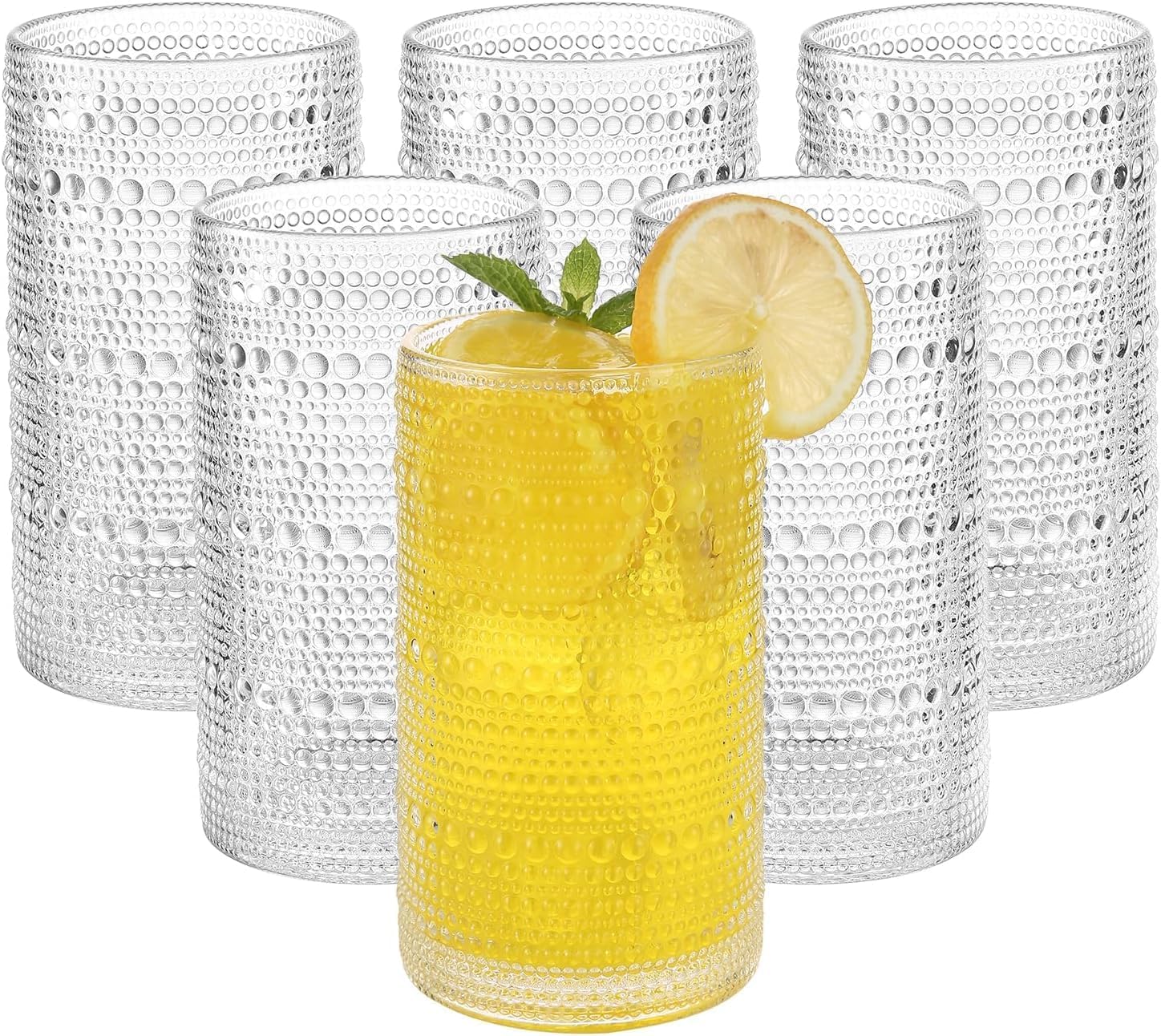 Set de 6 Vasos Hobnail de Vidrio Transparente con Diseño en Relieve, 15 Oz