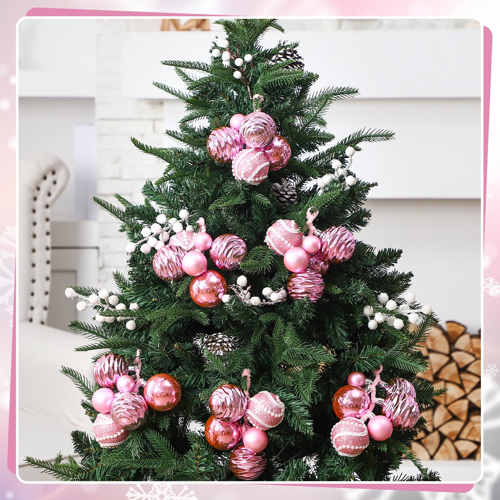 Soulchen Lot de 6 grappes de boules de Noël roses à paillettes à suspendre à la main pour décoration d'intérieur de Noël - 3 à 6,1 cm