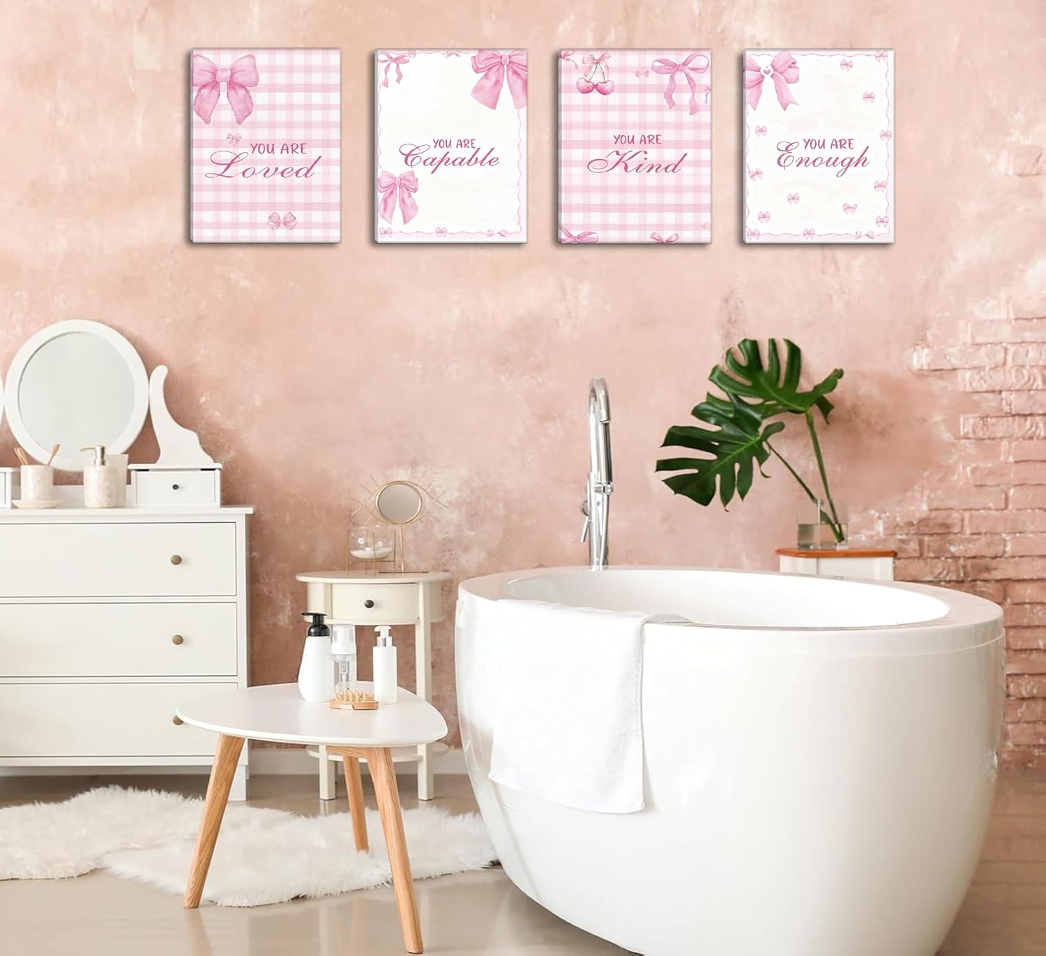 4Pcs Trendy Pink Bow Canvas Wall Art Cute Preppy Watercolor Cherry Bow Inspirational Positive Affirmations Pictures Wall Decor Posters Prints Girly Aesthetic for College Apartment Bedroom Decoration