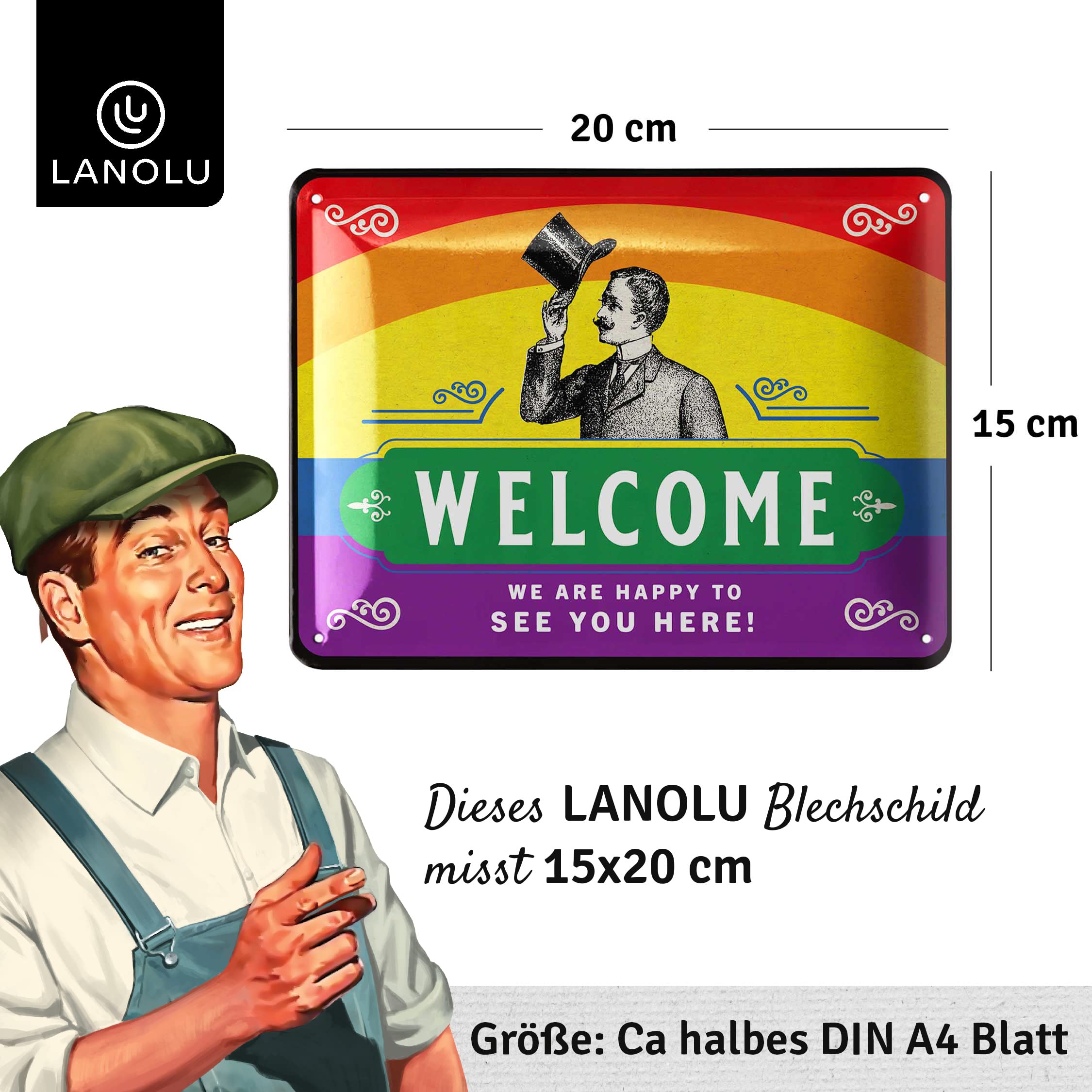 LANOLU Retro metalen bord, Happy Place bord voor tuin balkons, weerbestendig tuinbord, metaal met spreuk, welkomstbordje, decoratie, koordhanger, 16 x