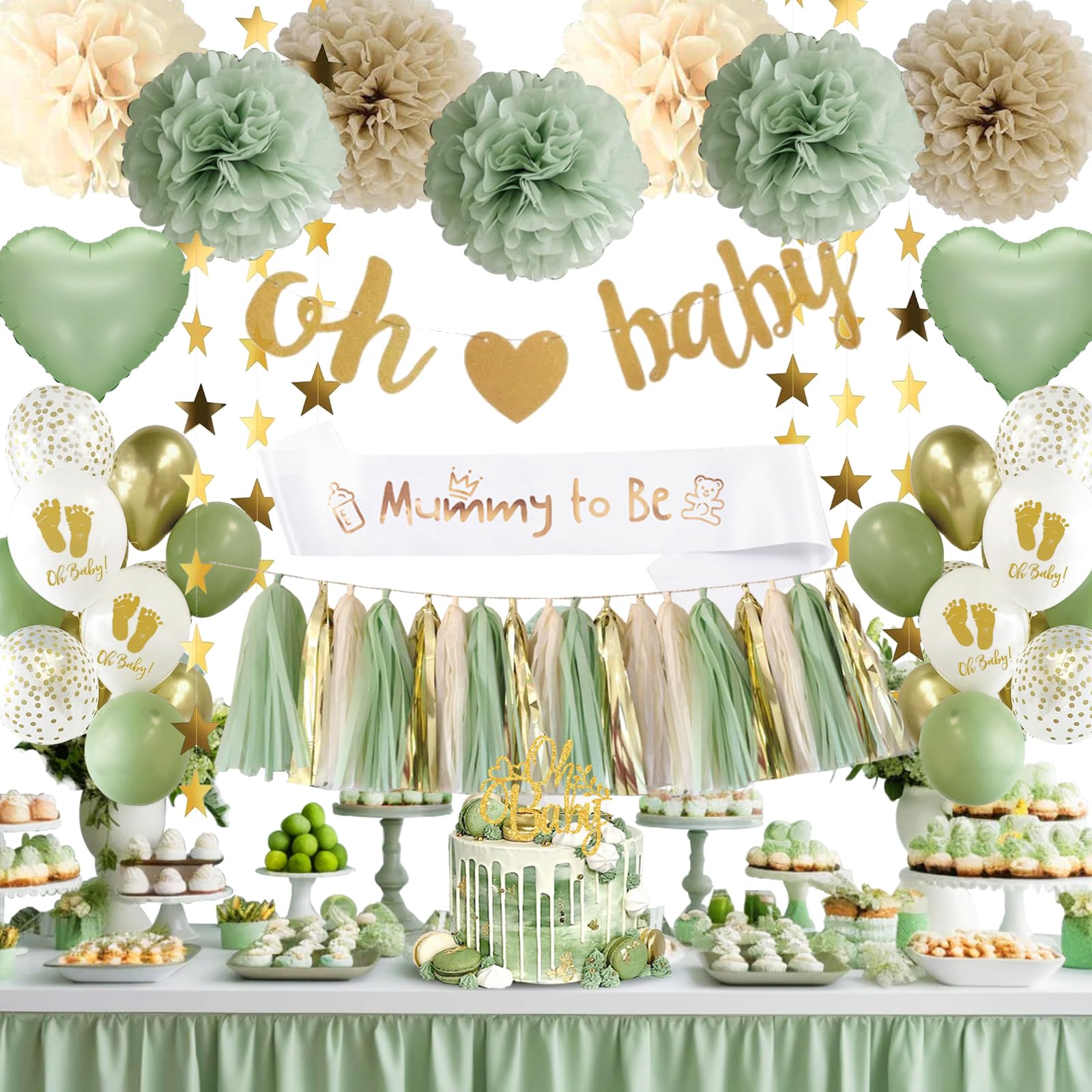 Babyparty Deko Junge Mädchen, Baby Shower Deko, Grüne Gold Baby Party Dekoration Neutral, Gender Reveal Party, Oh Baby Deko, Luftballons Girlande für Boy or Girl Deko