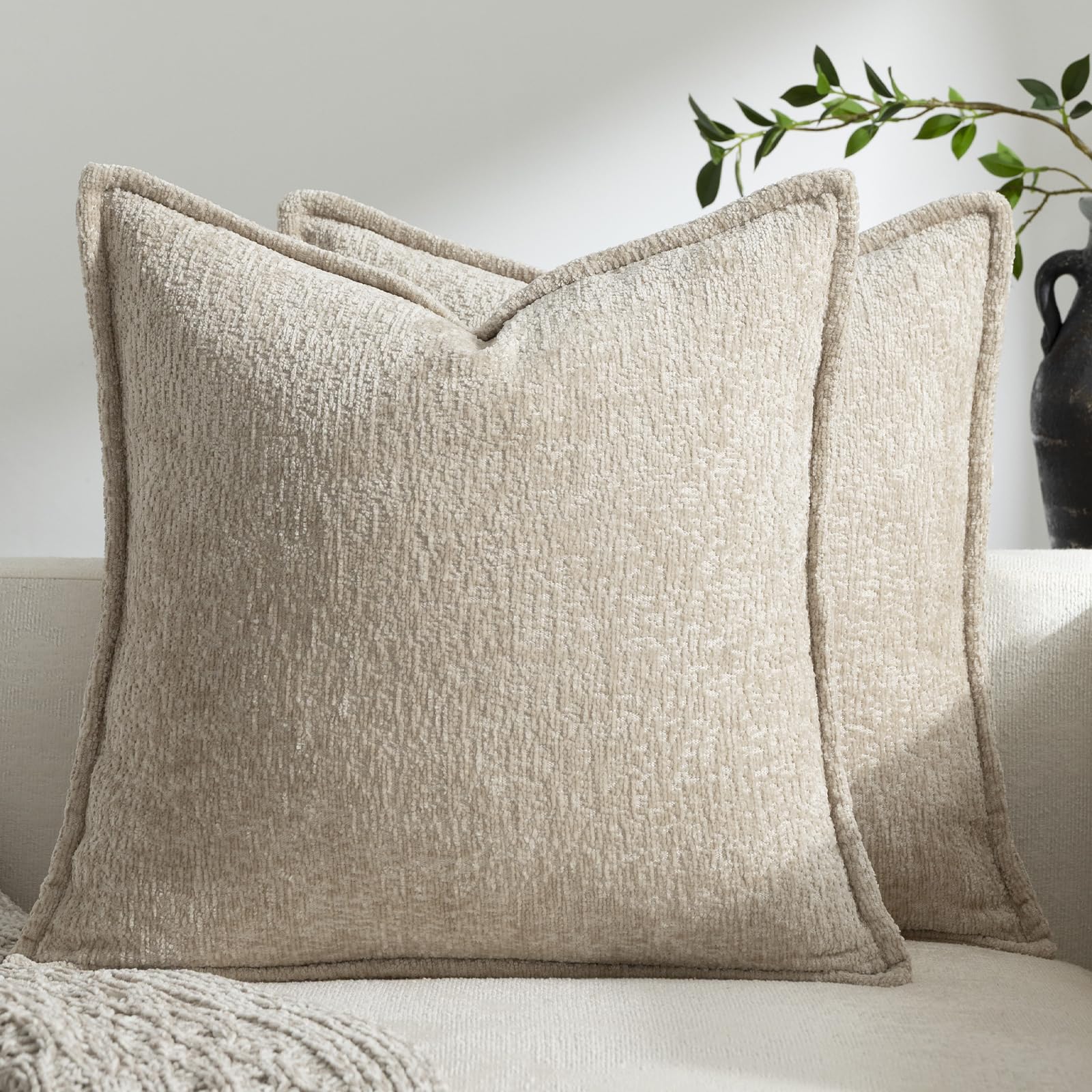 DEZENE Pack of 2 Tan Decorative Throw Pillow Covers 18x18 Cozy Soft Chenille Accent Vintage Square Couch Pillow Covers for Home Decor Bed Sofa Living