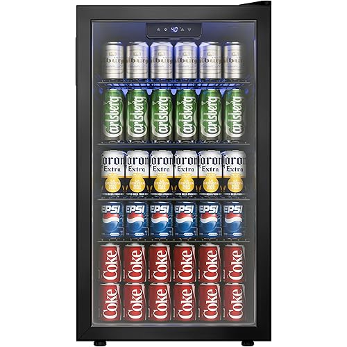 Beverage Refrigerator Cooler, 126 Can Mini Fridge with Glass Door for Wine, Soda Beer, Beverage Cooler for Home, Bar, Office with Adjustable Removable Shelves, Black