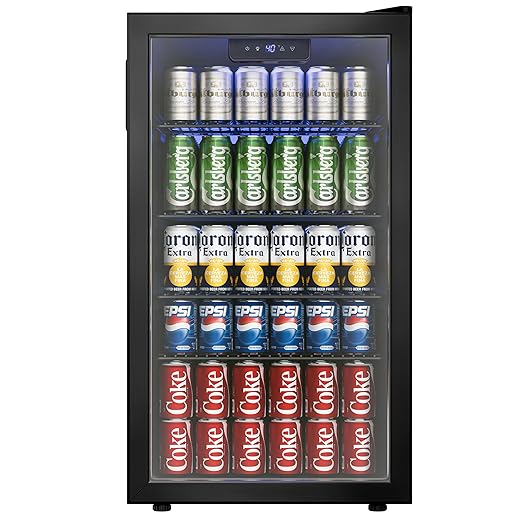 Beverage Refrigerator Cooler, 126 Can Mini Fridge with Glass Door for Wine, Soda Beer, Beverage Cooler for Home, Bar, Office with Adjustable Removable Shelves, Black