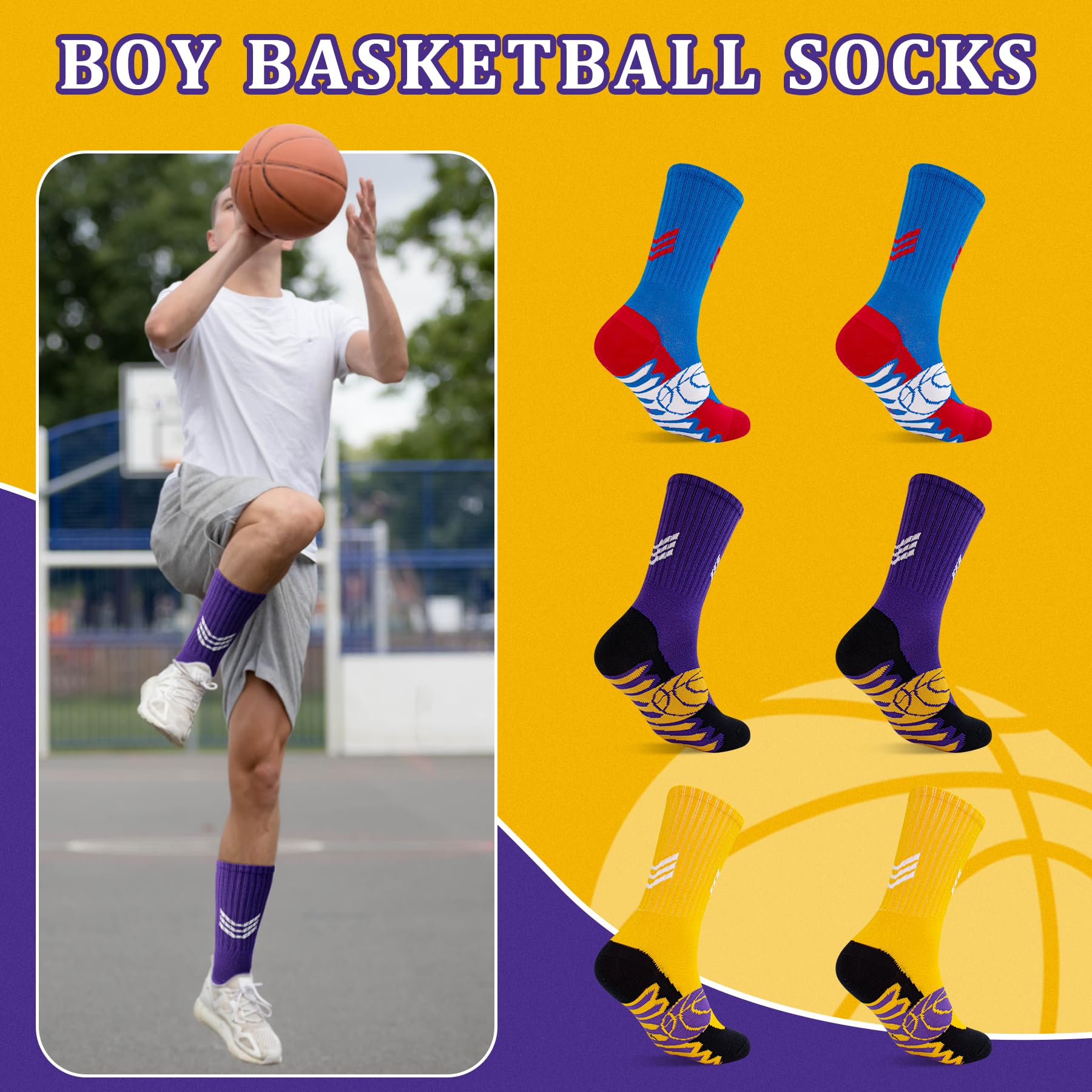 SkiBeaut Boys Socks, Youth Kids Basketball 3 Pairs Mid Calf Athletic Kids Football Soccer Hiking Socks for Boy Girl,13-16 Years