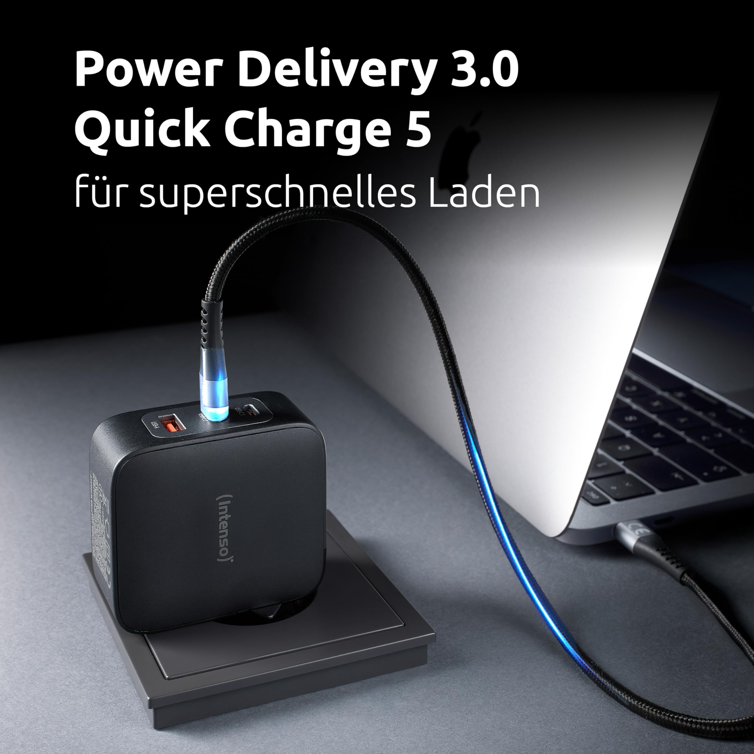 Intenso 100W GaN Schnellladegerät mit USB-C Kabel 2m – 3-Port Netzteil (2X USB-C, 1x USB-A), PD 3.1, PPS & QC 5.0 Fast Charger für MacBook, Laptop, iPhone 16/15, Samsung Galaxy, iPad, Schwarz