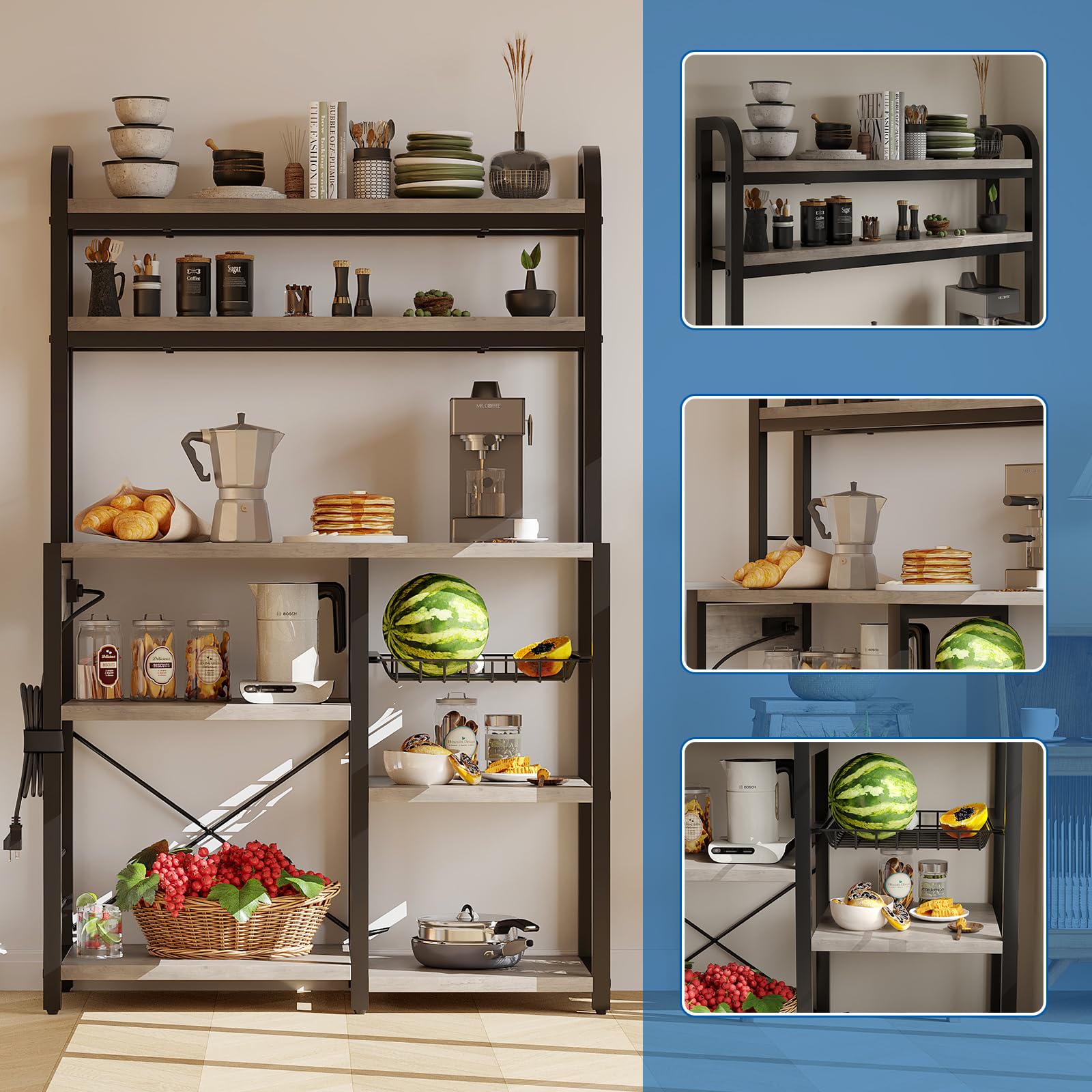 Zstar Soporte para Microondas, Estante De Cocina con Canasta De Alambre, Estante De Almacenamiento Independiente Grande De 6 Niveles para Cocina, Comedor y Sala De Estar