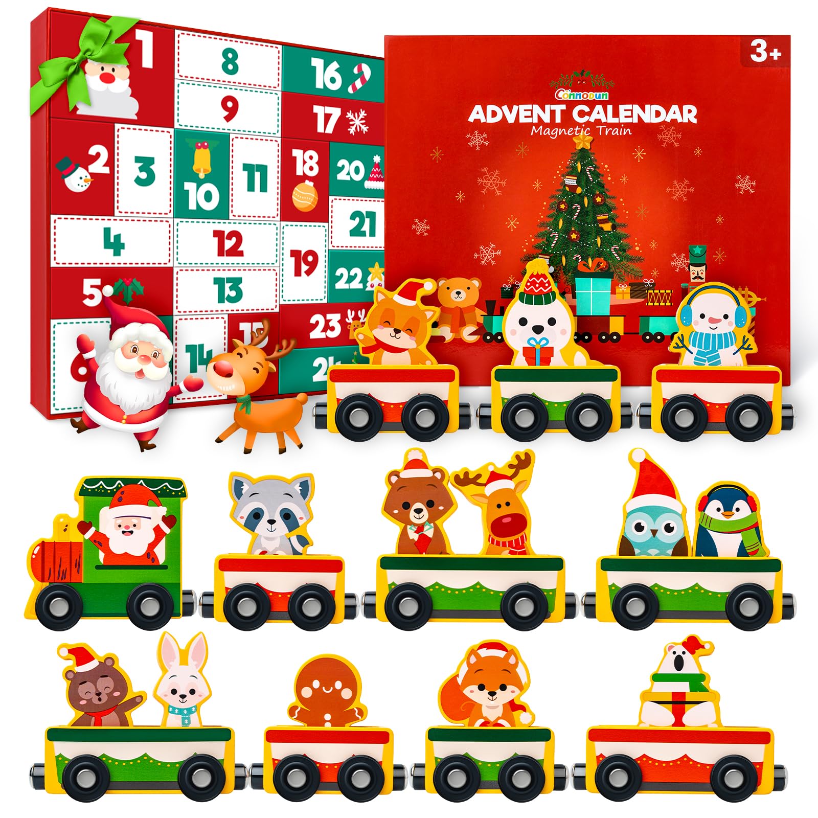 Calendario dell'Avvento 2025, Commodum Calendario dell'avvento con 24 Trenino Legno Bambini, Trenino Legno Giocattolo per Bambini, Regalo Giocattoli Bambina, Regali di Natale Originali per Bambina