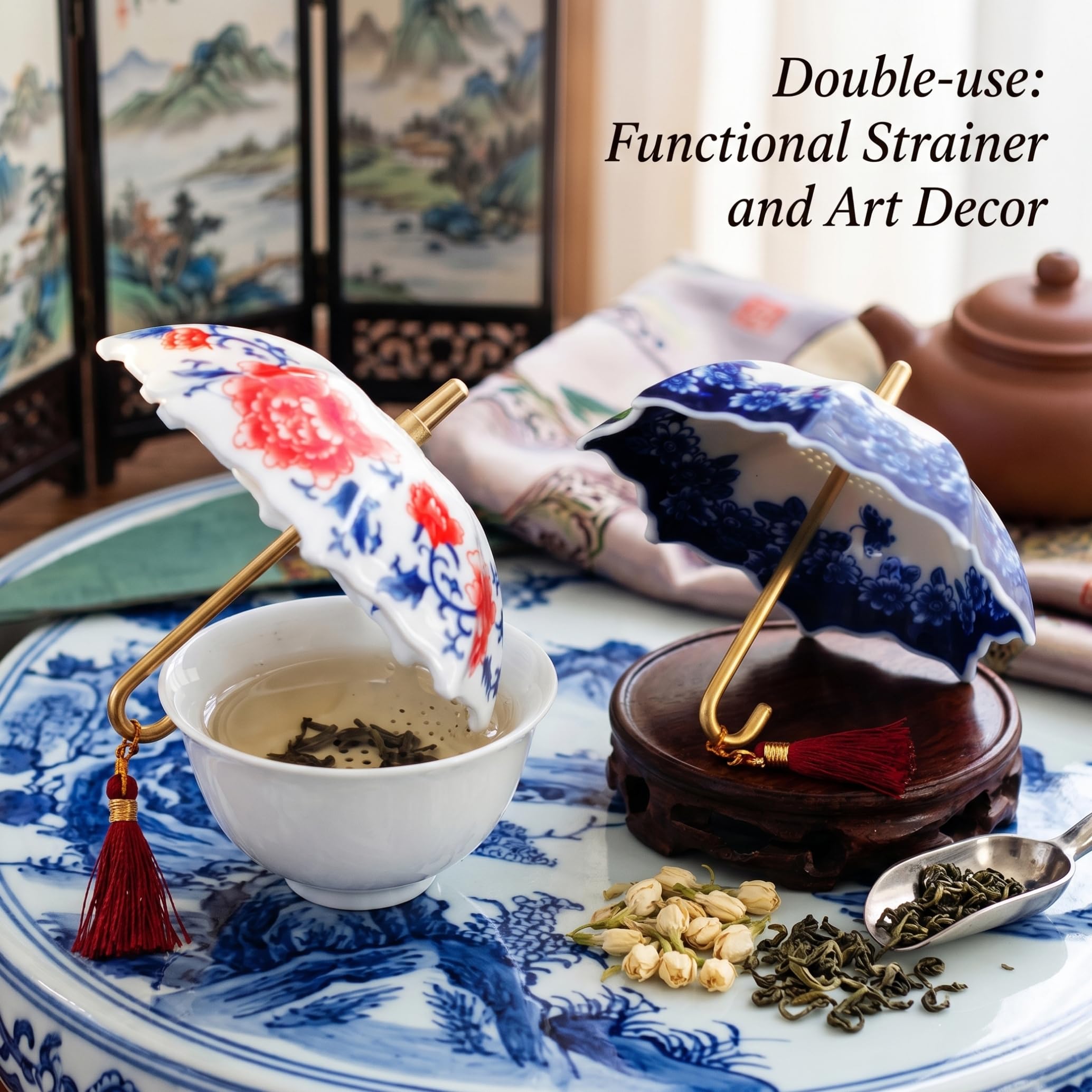 Difusores de té para té suelto, 2 coladores de paraguas, infusor giratorio de hojas sueltas con porcelana azul y blanca, filtro de cerámica (azul + rojo)