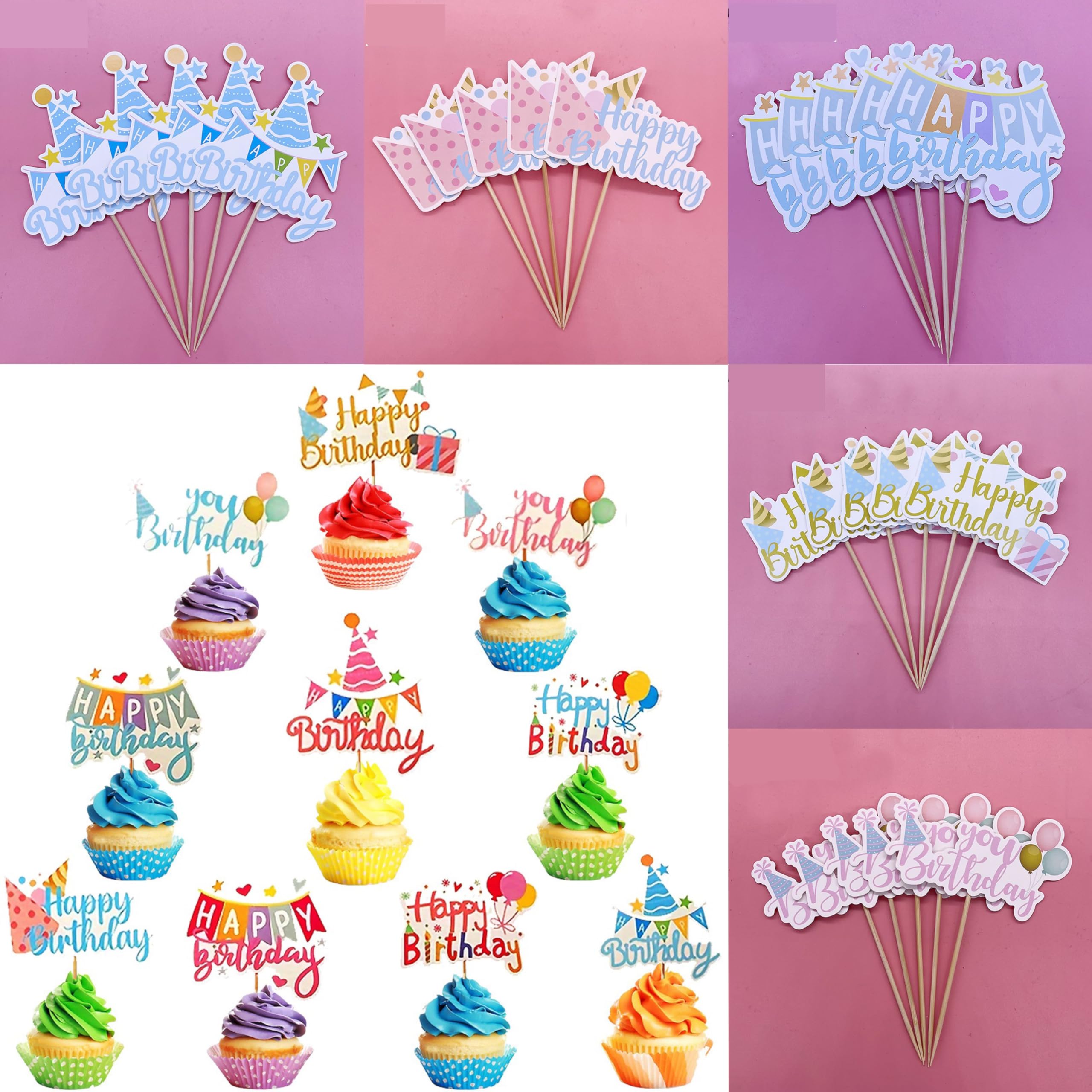 Pangogogo 50Pcs Happy Birthday Cupcake Toppers,Colorful Hot Air Balloon Hat Happy Birthday Cake Toppers?10 Styles Small Cake Toppers Dessert Topper for Girl Boy Child's Birthday Party