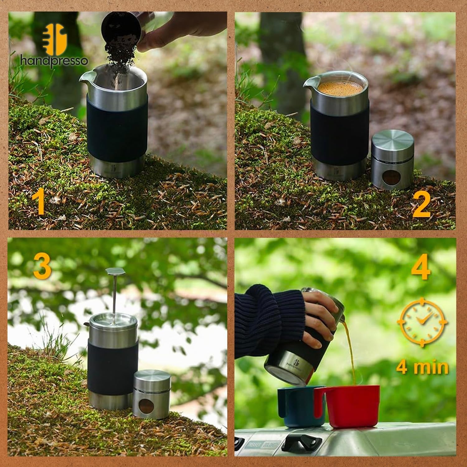 Handpresso cafetera francesa Travel press | Prensa francesa de viaje thermo inox con estuche | french Press 0,35L (2-3 tazas) con recipiente café molido