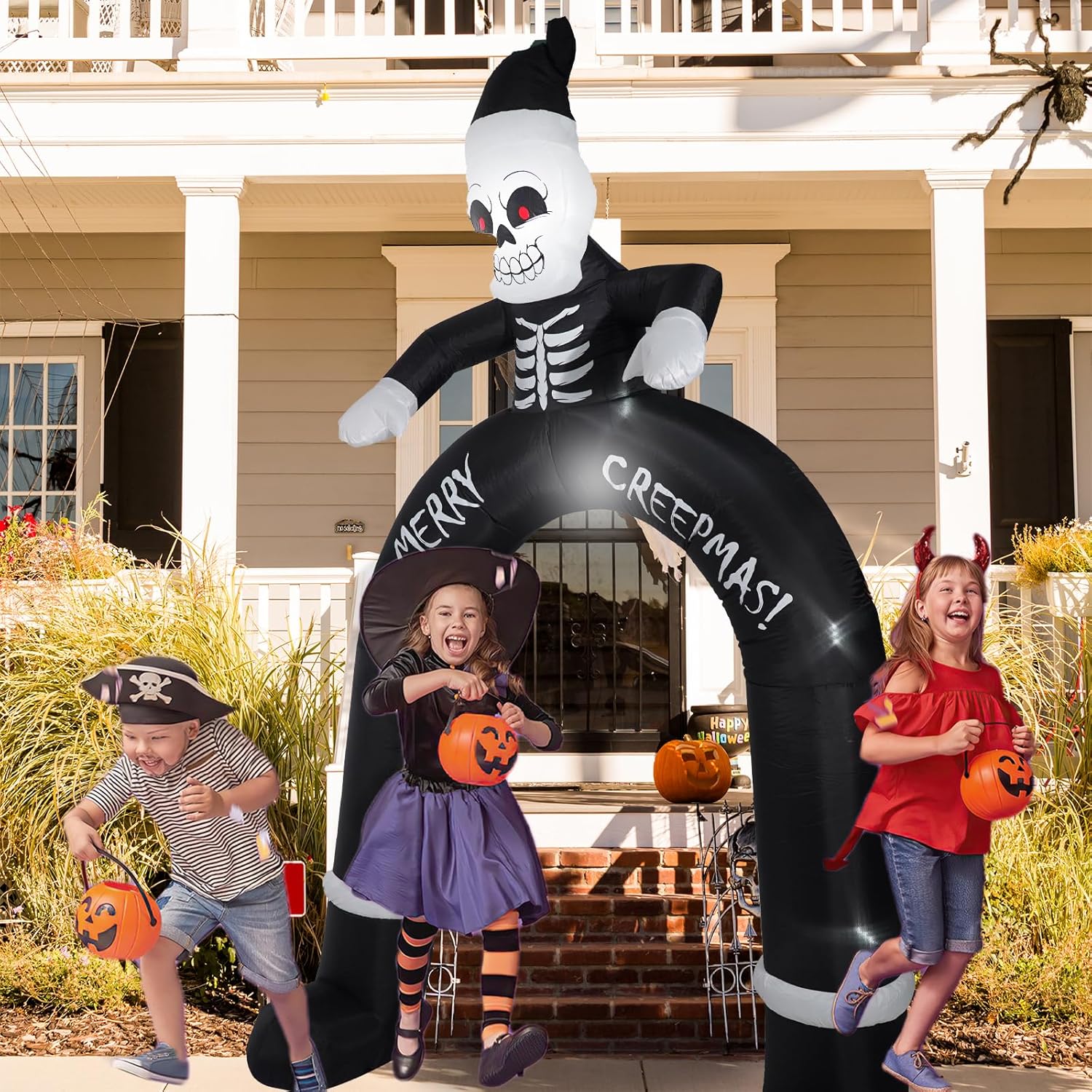 10FT Skeleton Santa Arch Inflatable Decoration, Yard Decoration with LED Lights, Outdoor Inflatable Decoration for White Christmas, Halloween, Outdoor Lawn, Garden, Party