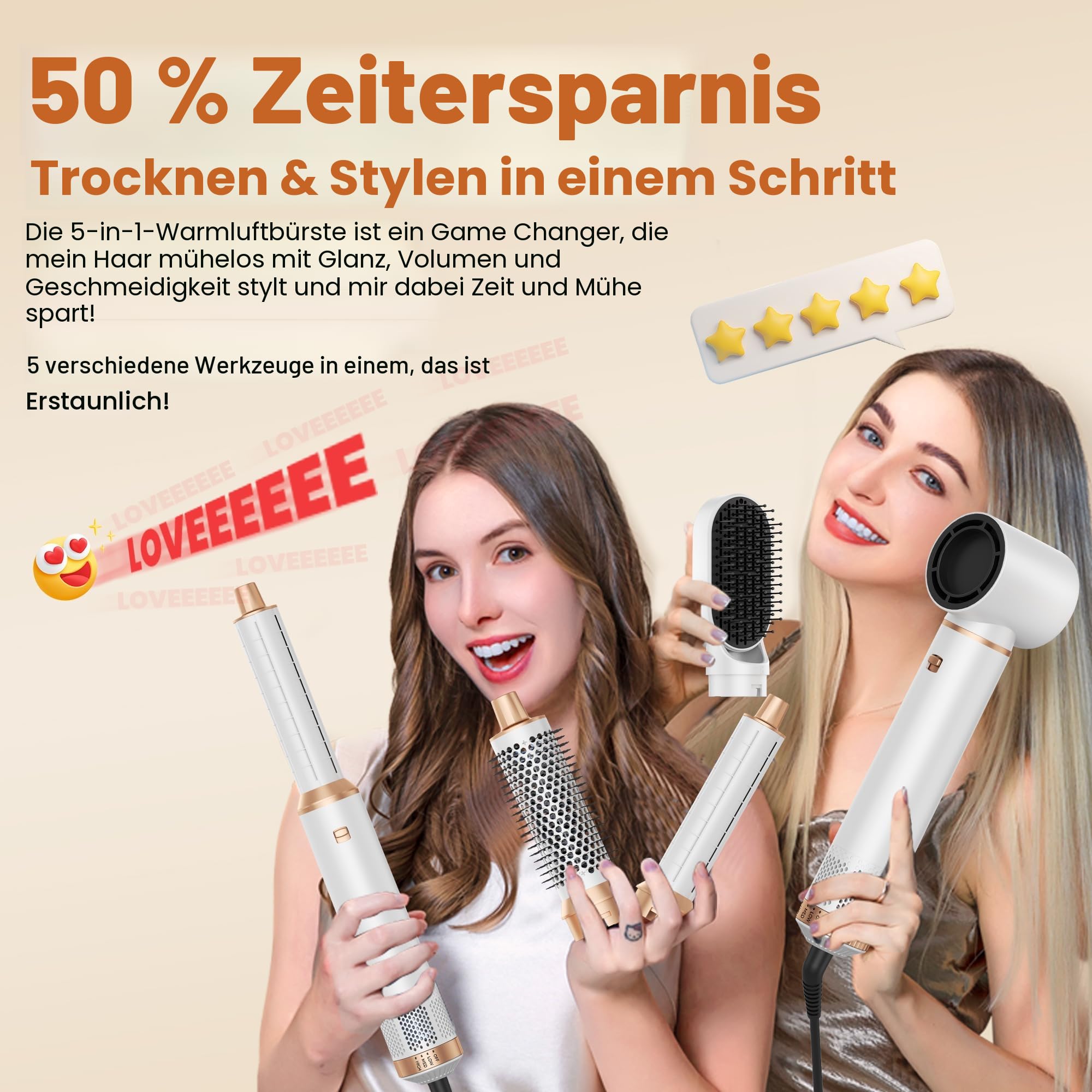 Hair Styler Set, Hairstyler 5 in 1, Haarstyler mit Automatischer Lockenstab, Föhn Ionen, Warmluftbürste, Glättbürste Airstyler Hairstyler für Trocknen, Volumen, Locken, Glätten