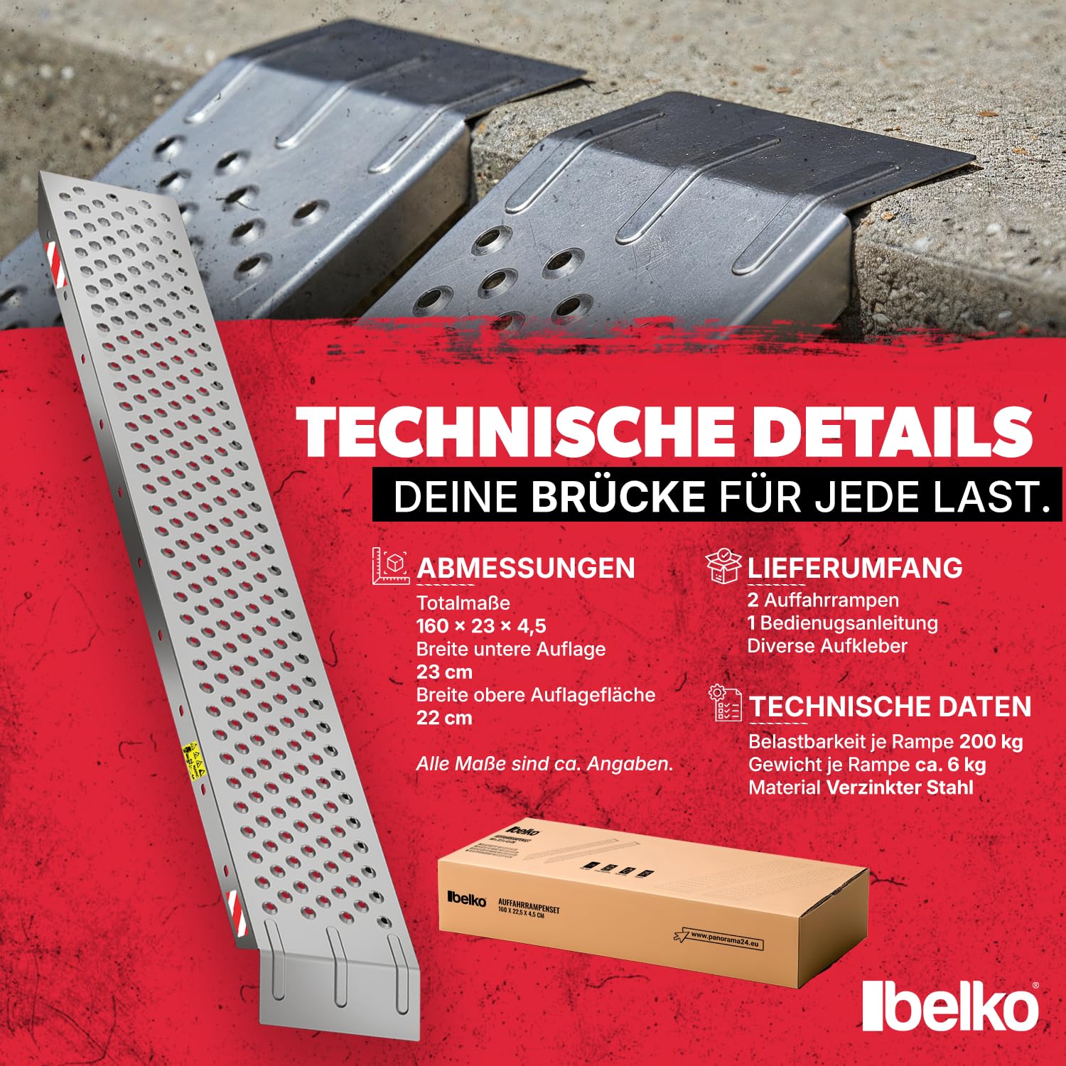 Belko 2 rampe di carico 400 kg, portata 160 x 23 cm, non pieghevoli, in acciaio zincato, antiscivolo, perforate, per auto, moto, quad, ATV, rimorchio, rampa di carico
