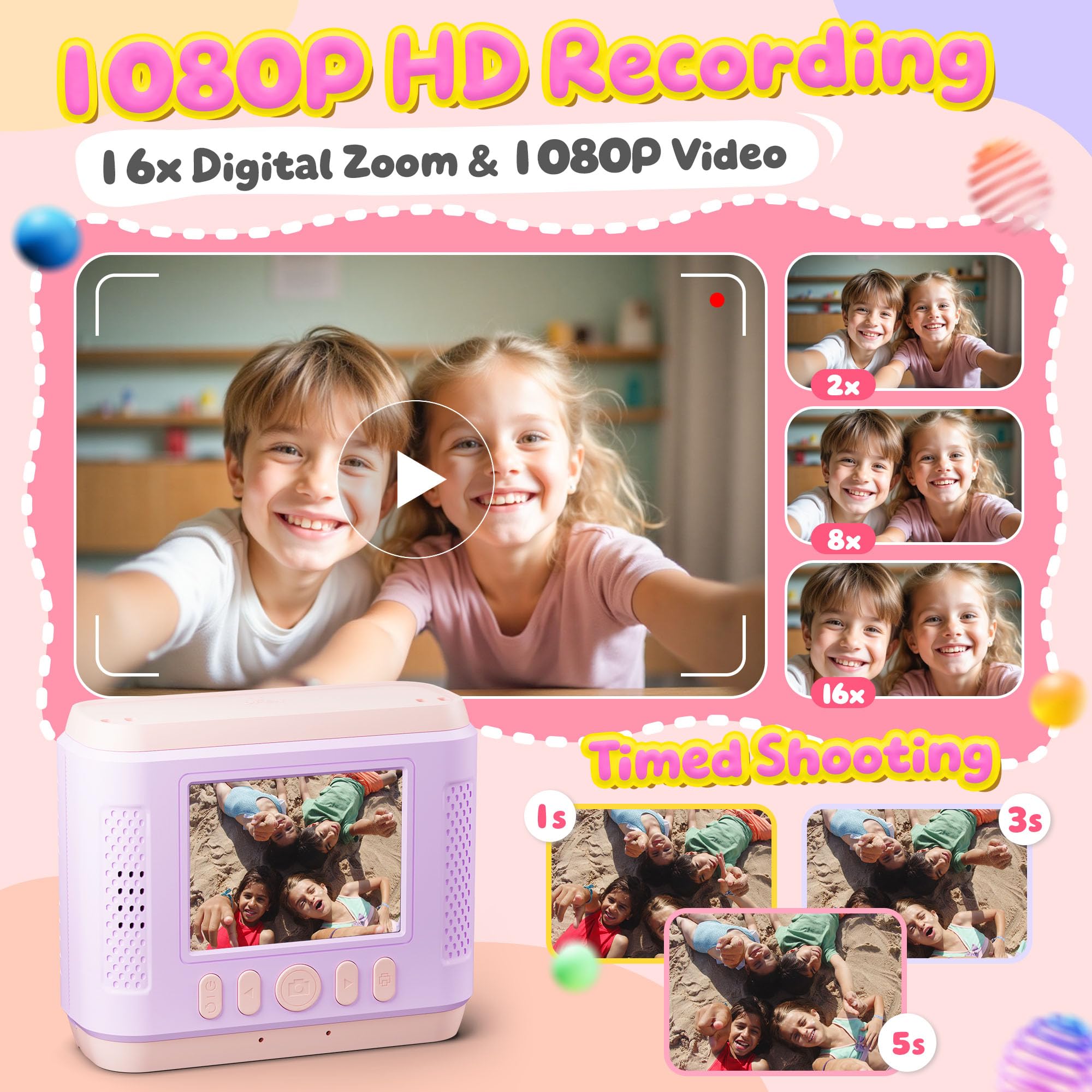 CalineGam Macchina Fotografica Bambini Istantanea, HD 1080P Fotocamera Istantanea per Bambini con Scheda 32G e Carta Fotografica, Regalo per Ragazze Ragazzi da 3-12 Anni (Rosa)