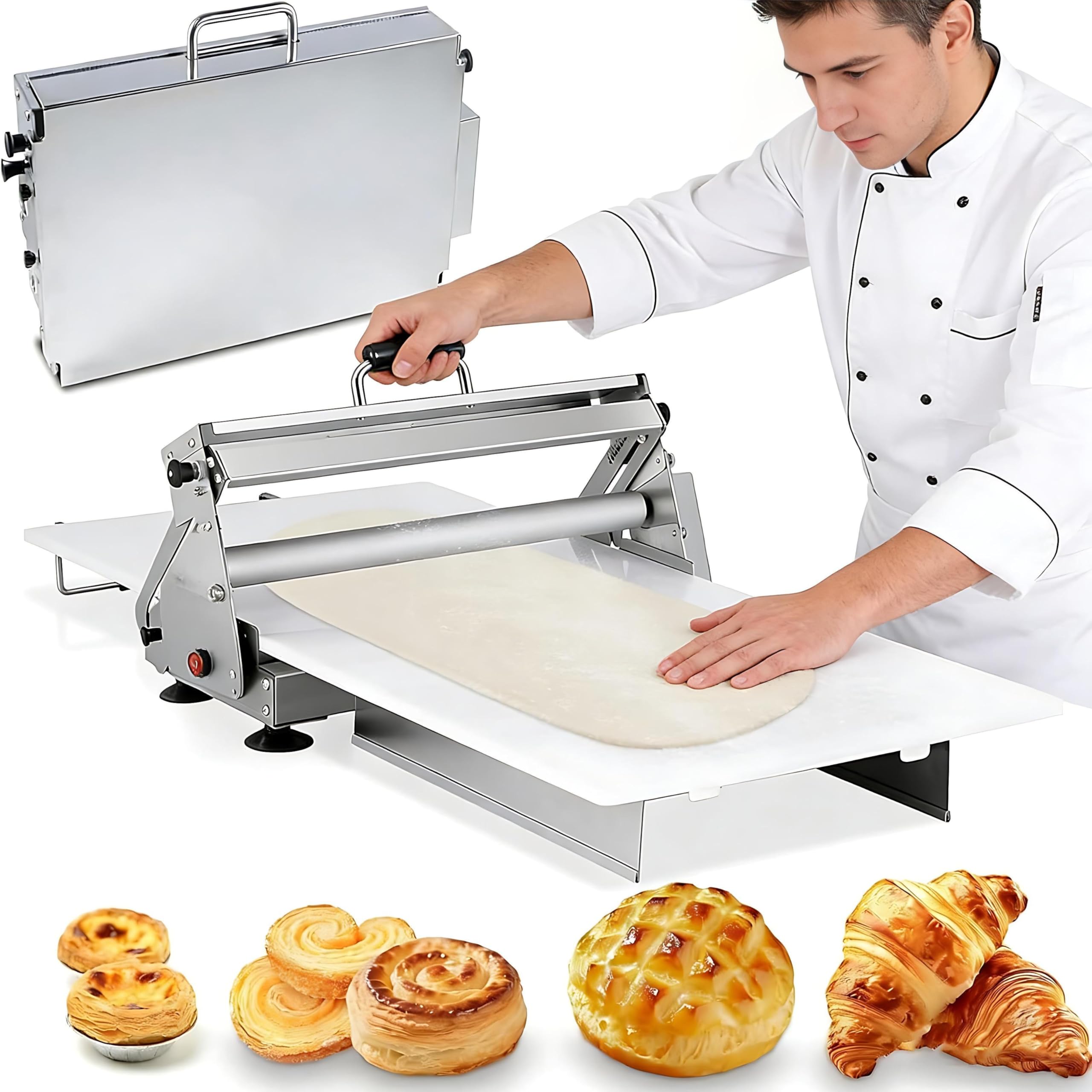 Rouleau à pâte manuel avec planche à lamelles, en acier inoxydable, épaisseur réglable de 0,2 à 2,5 cm pour croissants, pizza, tarte, pâte à croûte, pâtisserie