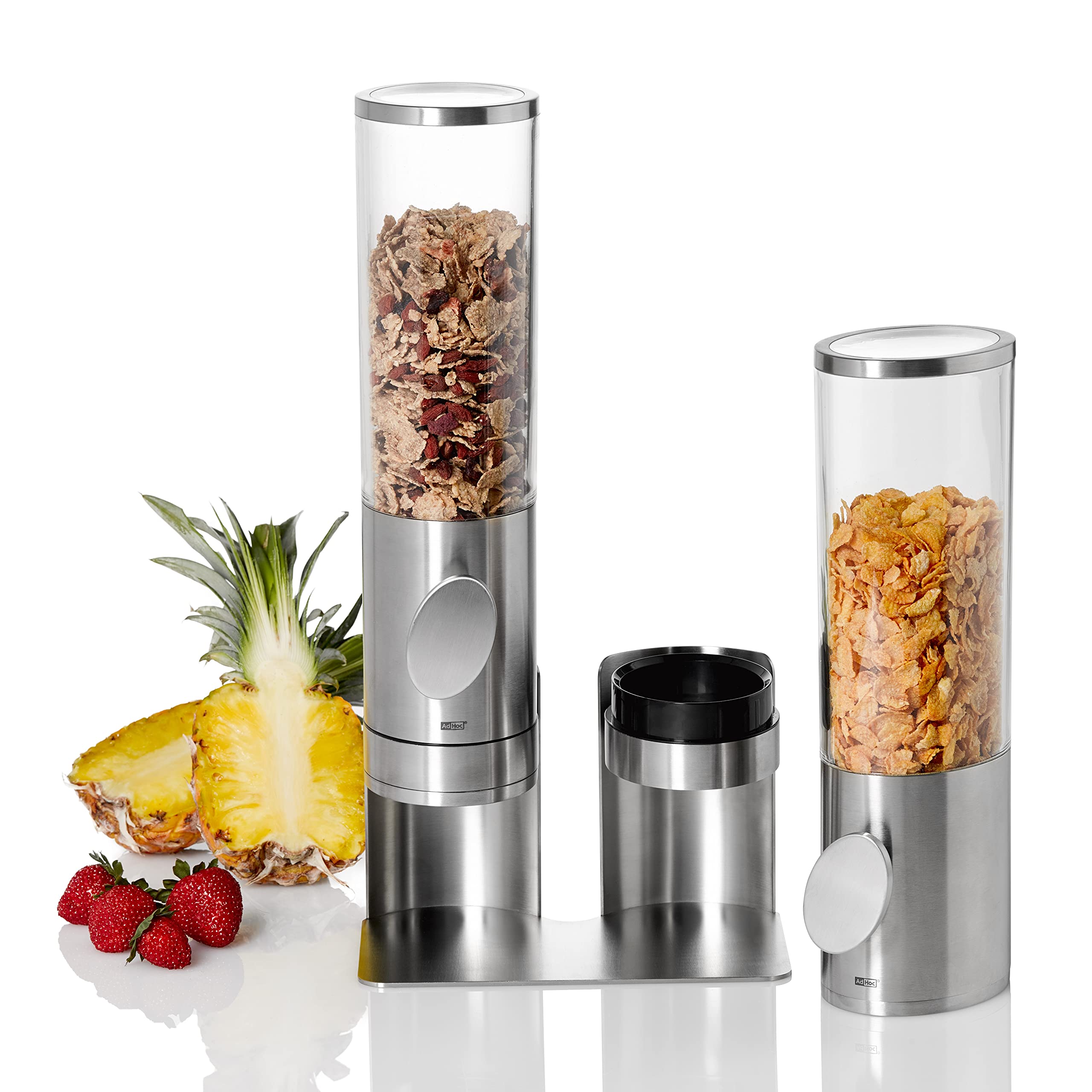 AdHoc Dispenser Cereali Deposito Duo, Erogatore, Müsli, Cornflakes, Nocciole, doppio, Acciaio Inox, Acrilico, Plastica, 42.5 cm, CS12