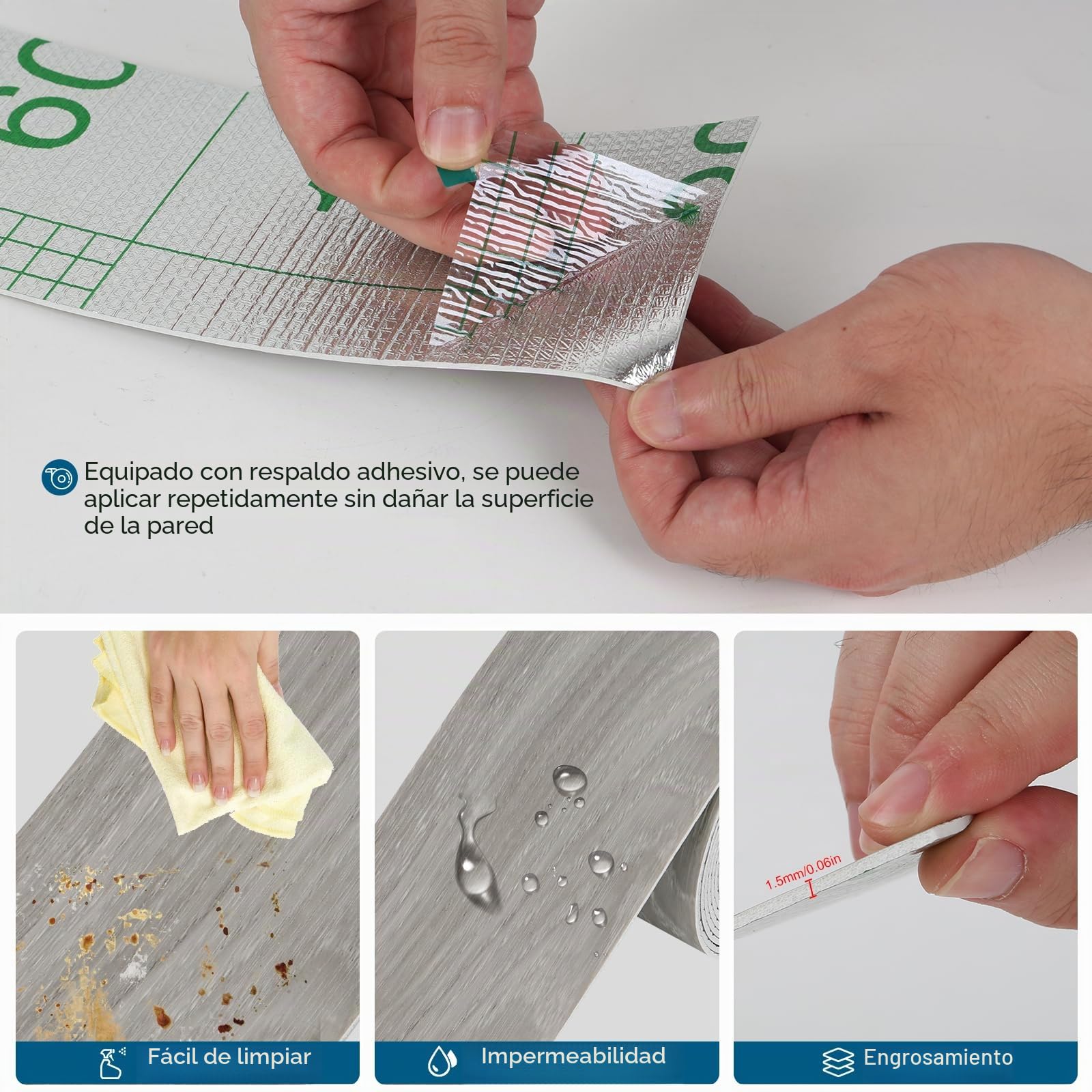 10cmx10m Rodapié Flexible Autoadhesivo, Blando Rodapie PVC Impermeable Brillante Zócalo Suave Borde de Papel Pintado Decoración (Grano de Madera Gris)