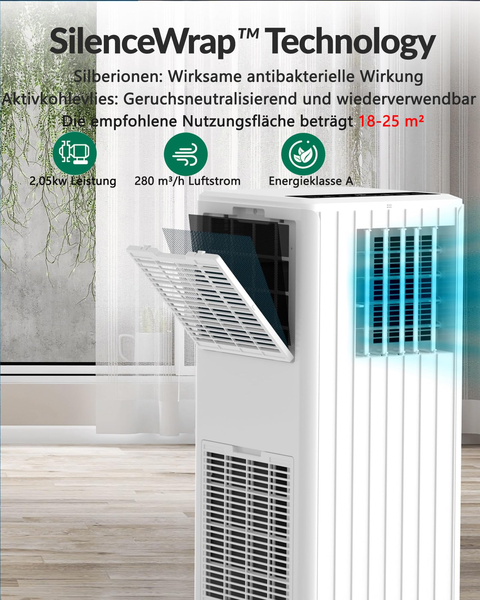 Garvee Climatiseur mobile 7000 BTU, 3 en 1, refroidissement, déshumidification, mode veille, 2,0 kW avec tuyau d'échappement, télécommande, temps de 24 h, pour pièces jusqu'à 18-25 m²