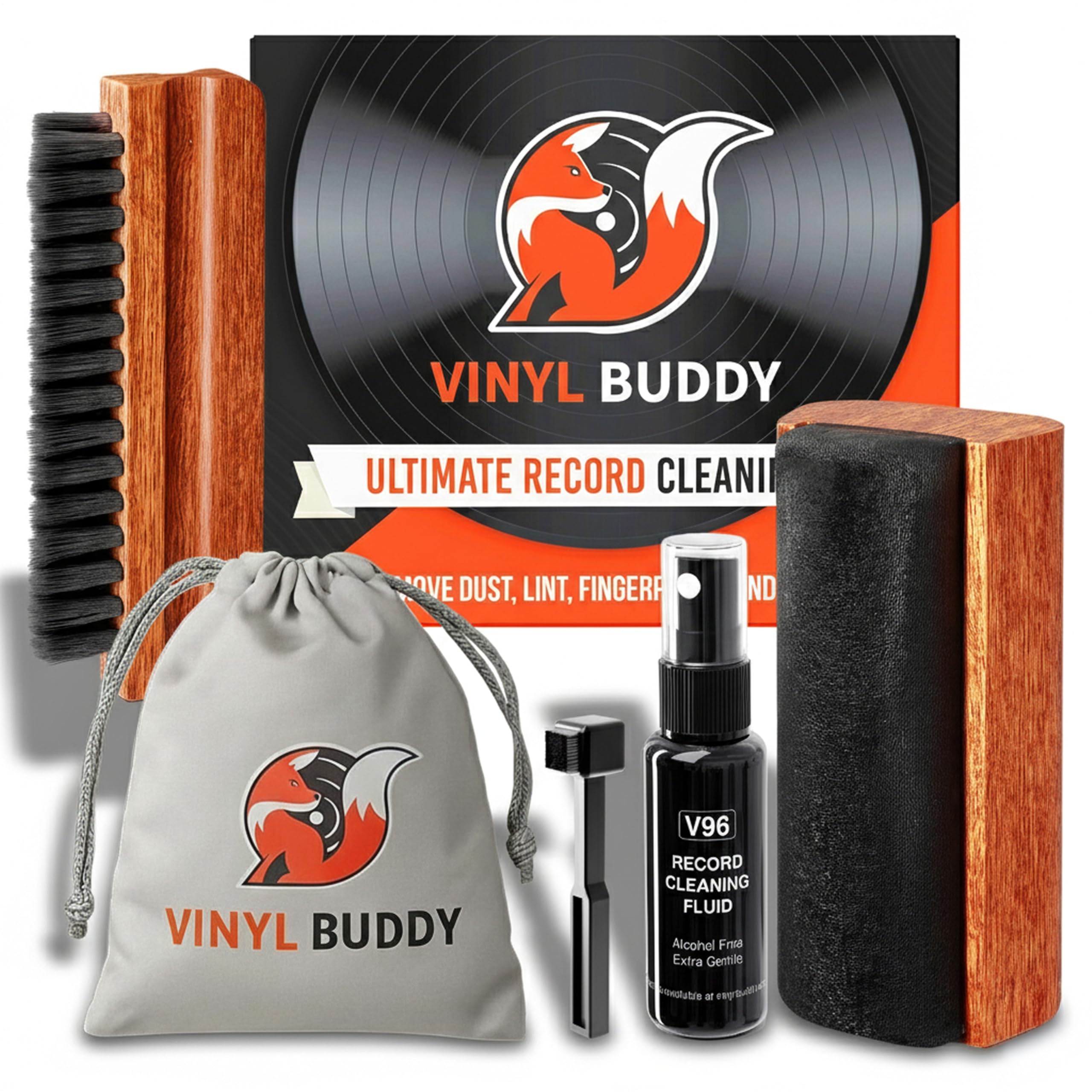 Vinyl Buddy Record Cleaner Kit - 5 Piece Ultimate Cleaning System With Velvet and Nylon Microfiber Brushes, Stylus Brush, LP Cleaning Solution, Storage Pouch
