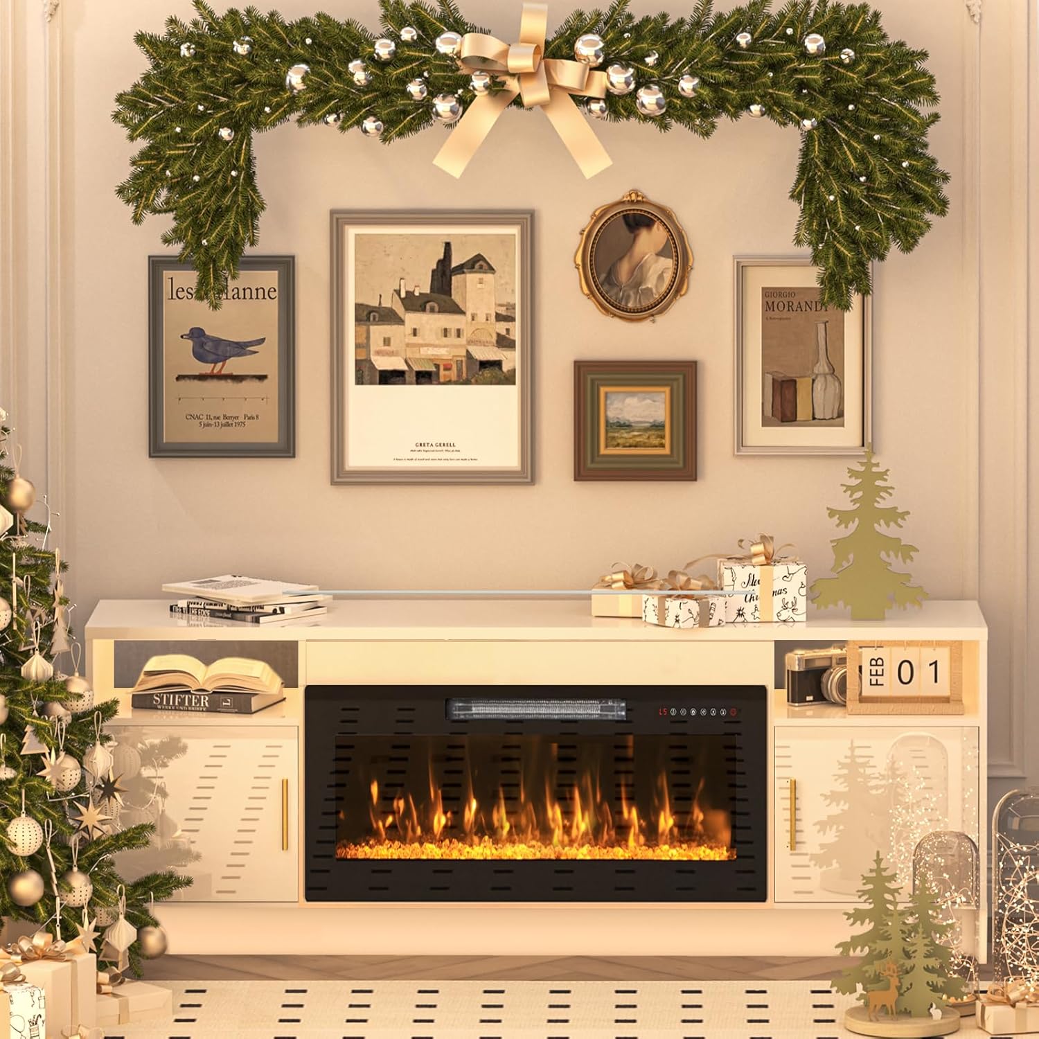 White Electric Fireplace TV Stand with Led Lights-Entertainment Center for Up to 80 inch TV-Modern TV Console for Living Room with Storage Cabinet