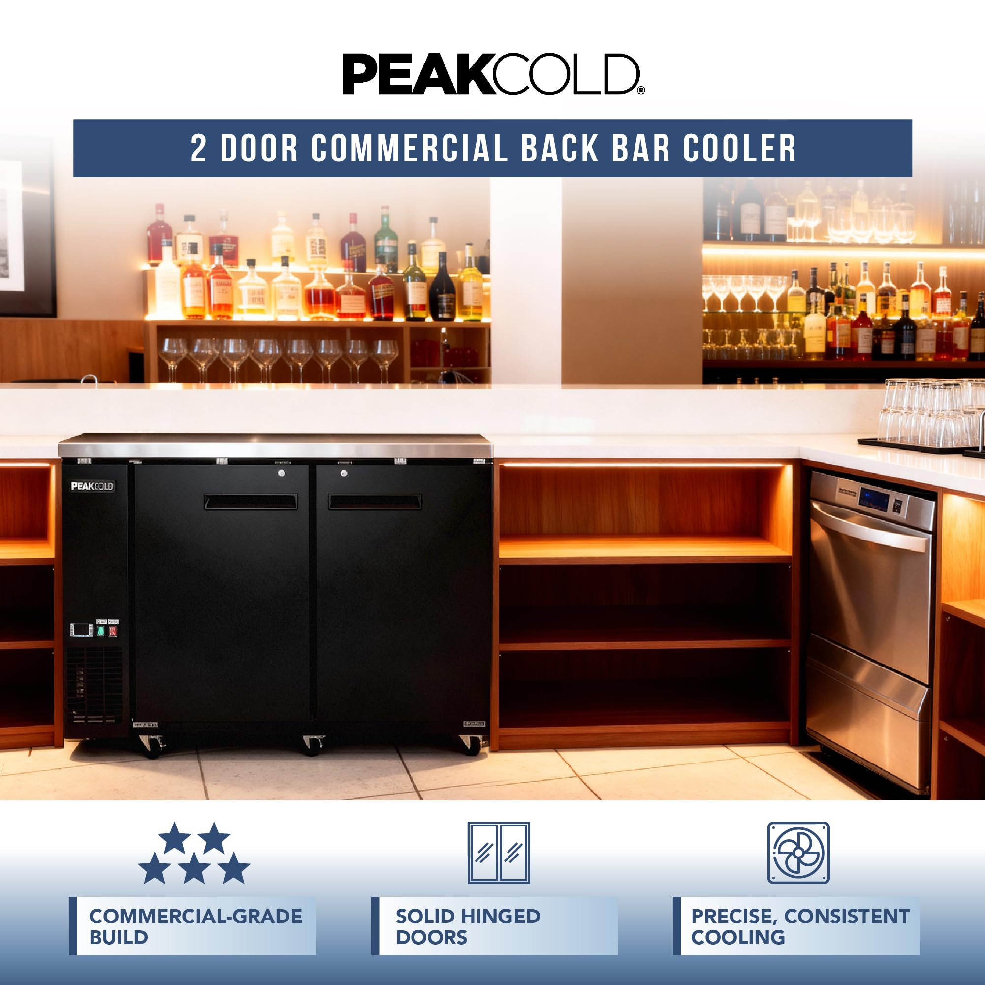 Peakcold 2-Door Counter Height Beverage Refrigerator - 61" Wide Energy Efficient Solid Black Beer Cooler & Bar Fridge With White LED Lighting - Commercial Back Bar Cooler on Fridge.com - View 2