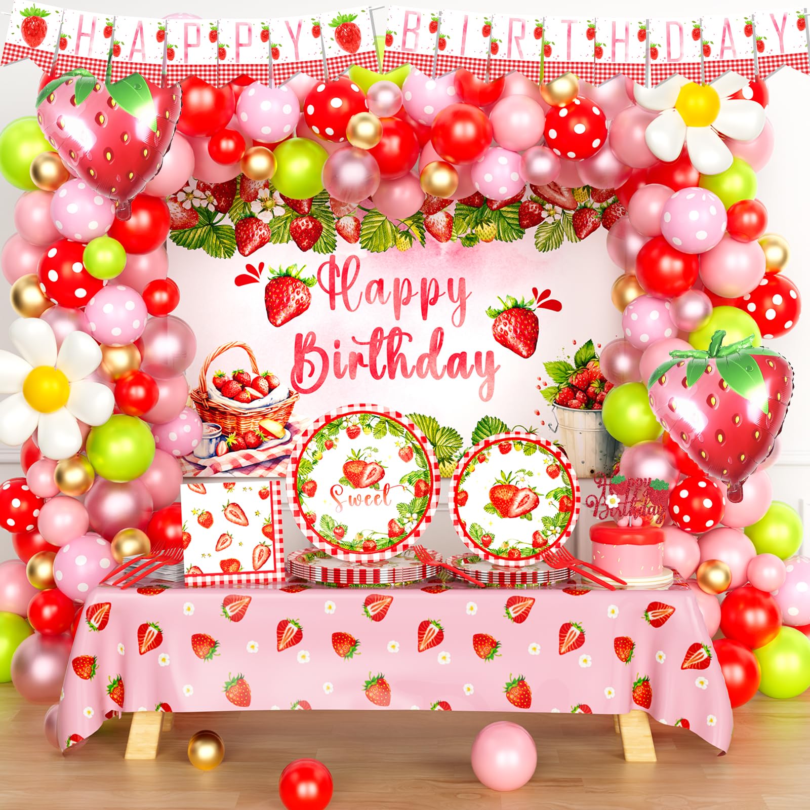 Hombae Strawberry Party Decorations, Strawberry Birthday Party Baby Shower Supplies Girl, 1st 2nd Birthday Decorations Girl, Backdrop Balloon Banner