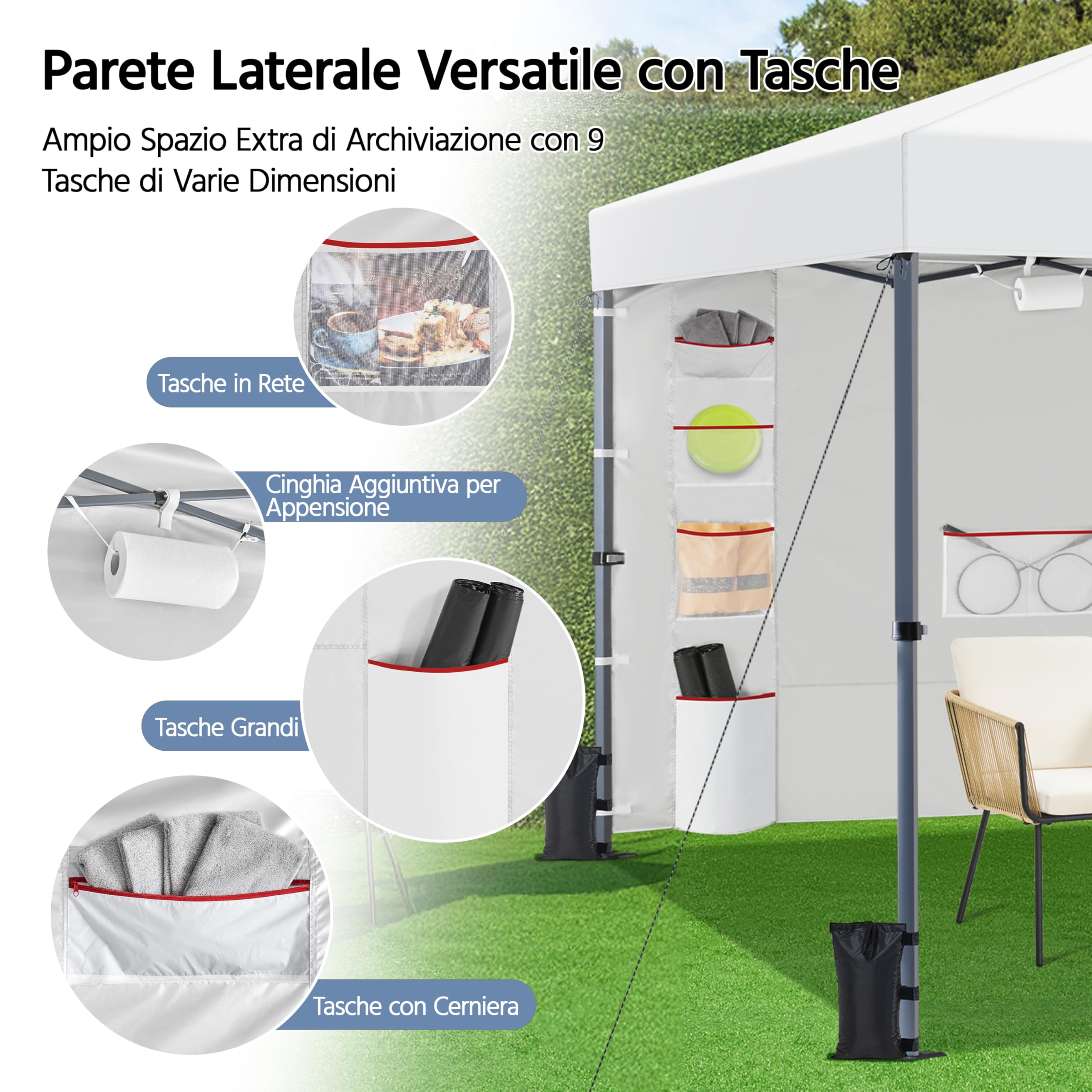 Yaheetech Gazebo da giardino a Una Spinta con 1 Parete Laterale Stabile 9 Tasche Portaoggetti Tenda Esterno Pop up Altezza Regolabile Impermeabile per Festa Eventi