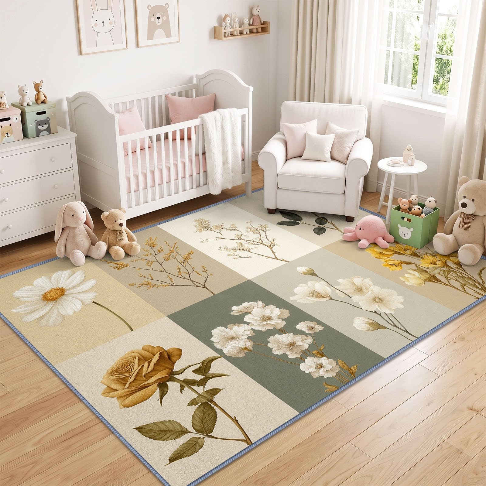 Tappeto per soggiorno, lavabile, 80 x 150 cm, con graziosi fiori e foglie verdi, soffice, antiscivolo, facile da pulire, per soggiorno, camera da letto, sala da pranzo e cameretta dei bambini