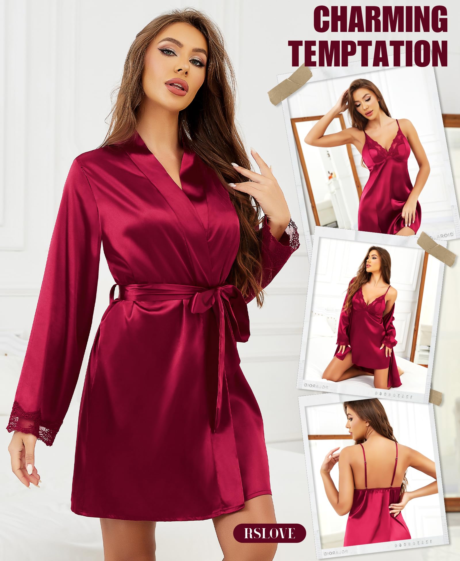 Conjunto de Camisola y Bata de satén: camisón de lencería de Encaje con Bata a Juego, Ropa de Dormir Sexy para Dama de Honor o Luna de Miel