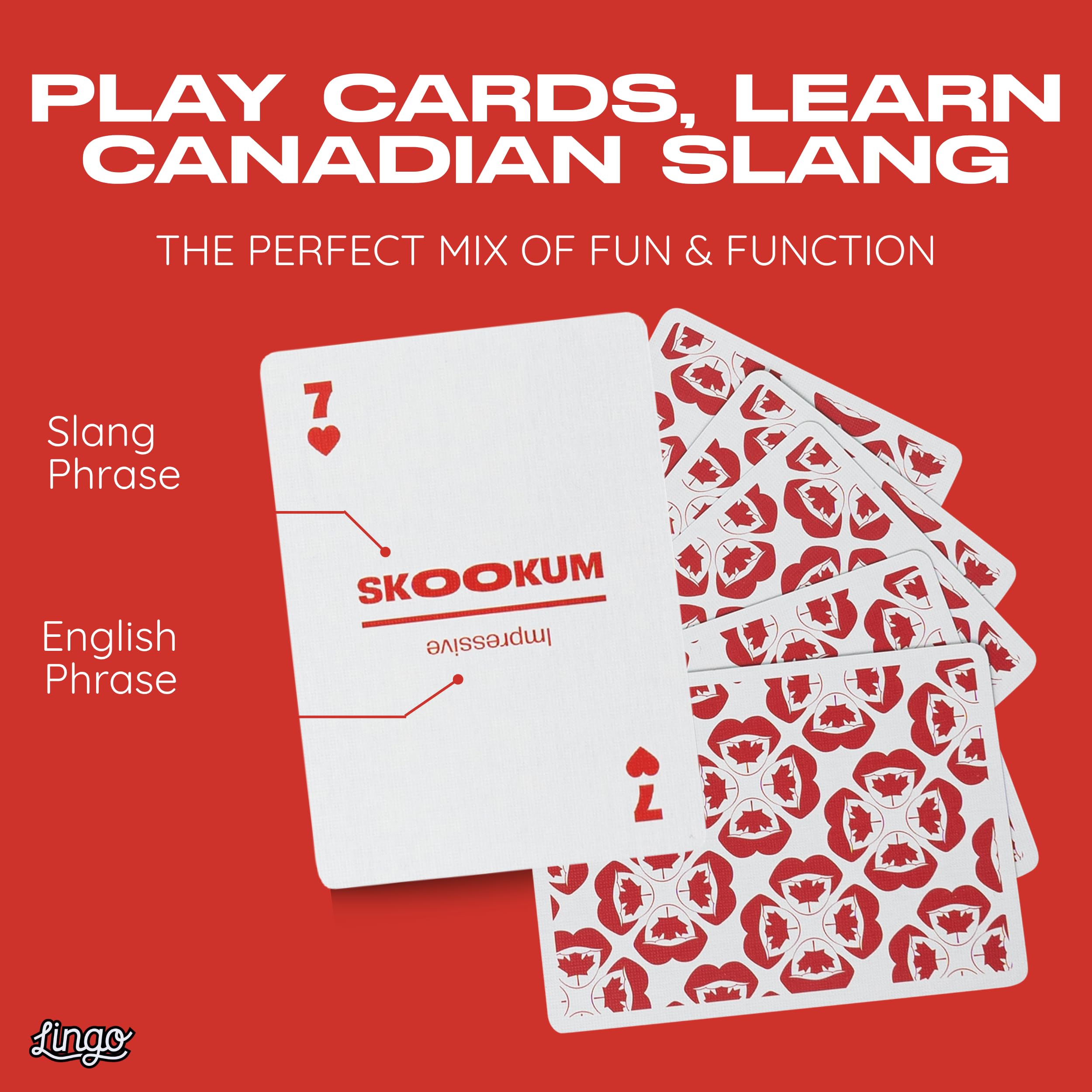 Canadian Lingo Spielkarten | Reise-Lernkarten | Lernen Sie kanadischen Slang-Wortschatz auf lustige und einfache Weise | 52 wichtige Übersetzungen