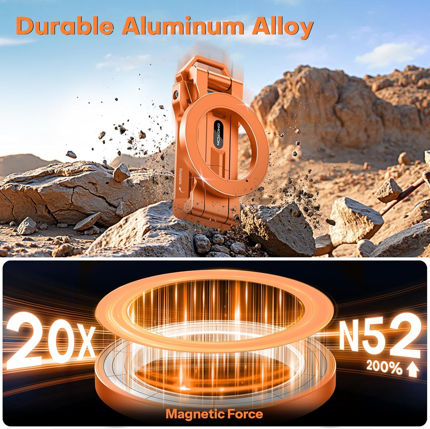 OMOTON TP06 for MagSafe Tripod Hook, 360°Rotate Magnetic Phone Tripod for iPhone 17/16/15 Pro Max Air, Fold Phone Stand Selfie Stick with 1/4" Screw, Acra Fits Vlog, Gym, Travel Essentials, Orange