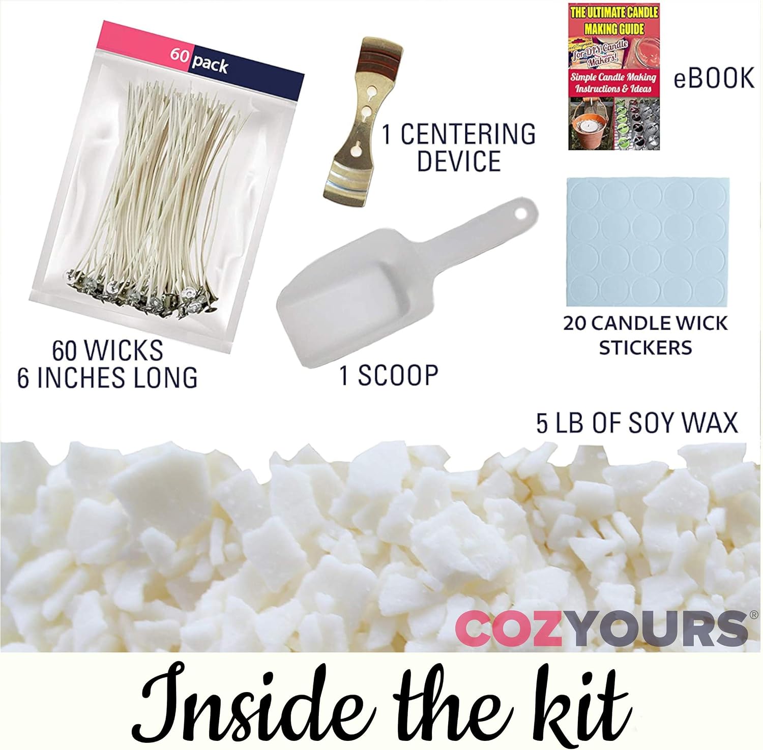 Cozyours Soy Wax Candle Making Kit, 5 lb Bag with Cotton Wicks 60 pcs, Candle Wick Stickers 20 pcs, Centering Device 1 pcs & Scoop 1 pcs