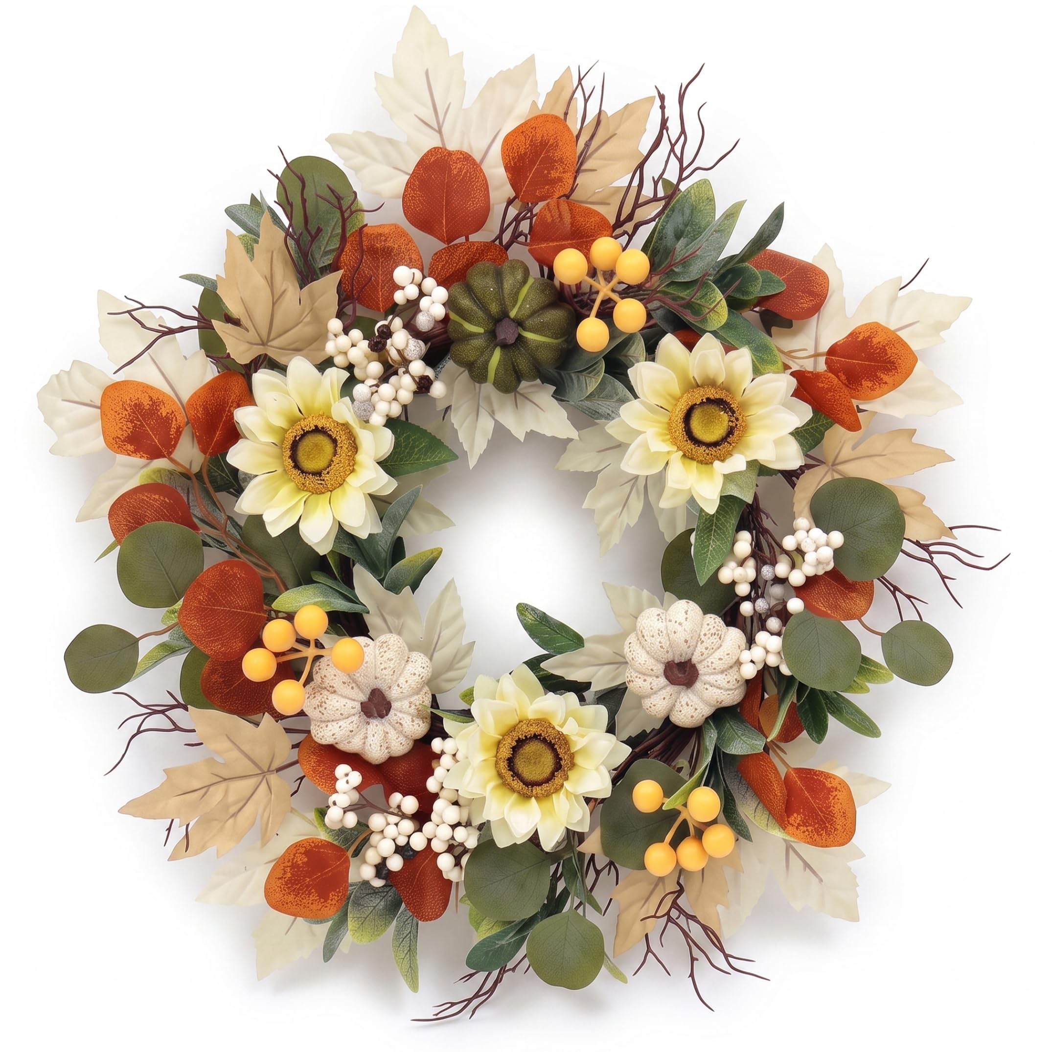 Fall Wreaths for Front Door, Pumpkin & Berry Autumn Wreath, 17.72 Inch