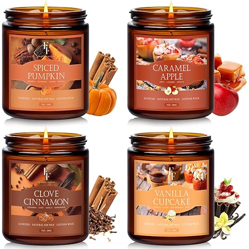 Fall Candles Set, 4 Pack Candles for Home Scented Natural Soy Wax, Autumn Gifts Set for Women Men, Fall Fragrance of Pumpkin/Cinnamon/Vanilla Cupcake/Apple