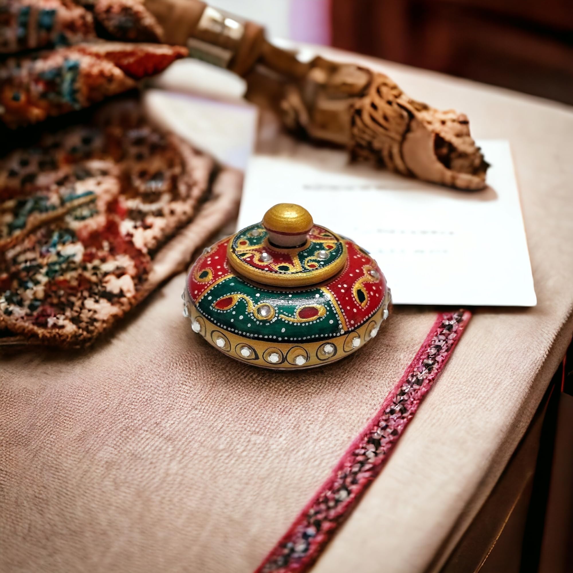 SAUDEEP INDIA 3 Inch Marble Kumkum Box | Decorative Box Sindoor Dibbi | All Purpose Box | Marble Sindoor Dani with Meenakari Work (Red-Green)