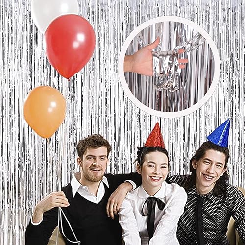 Miniatura 5 de Cortina de cortina de flecos de papel de aluminio plateado, cortina de oropel plateado para fiesta, 3.28 pies x 6.56 pies, 2 cortinas de telón de